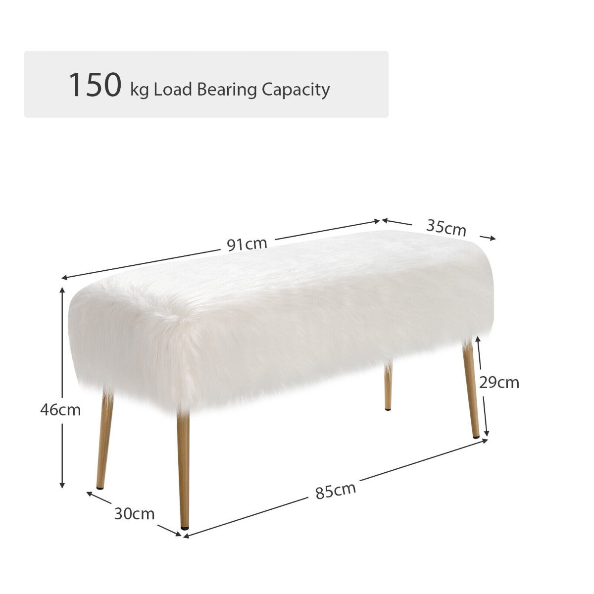Rectangular Upholstered Furry Faux Fur Footrest with Golden Metal Legs-White
