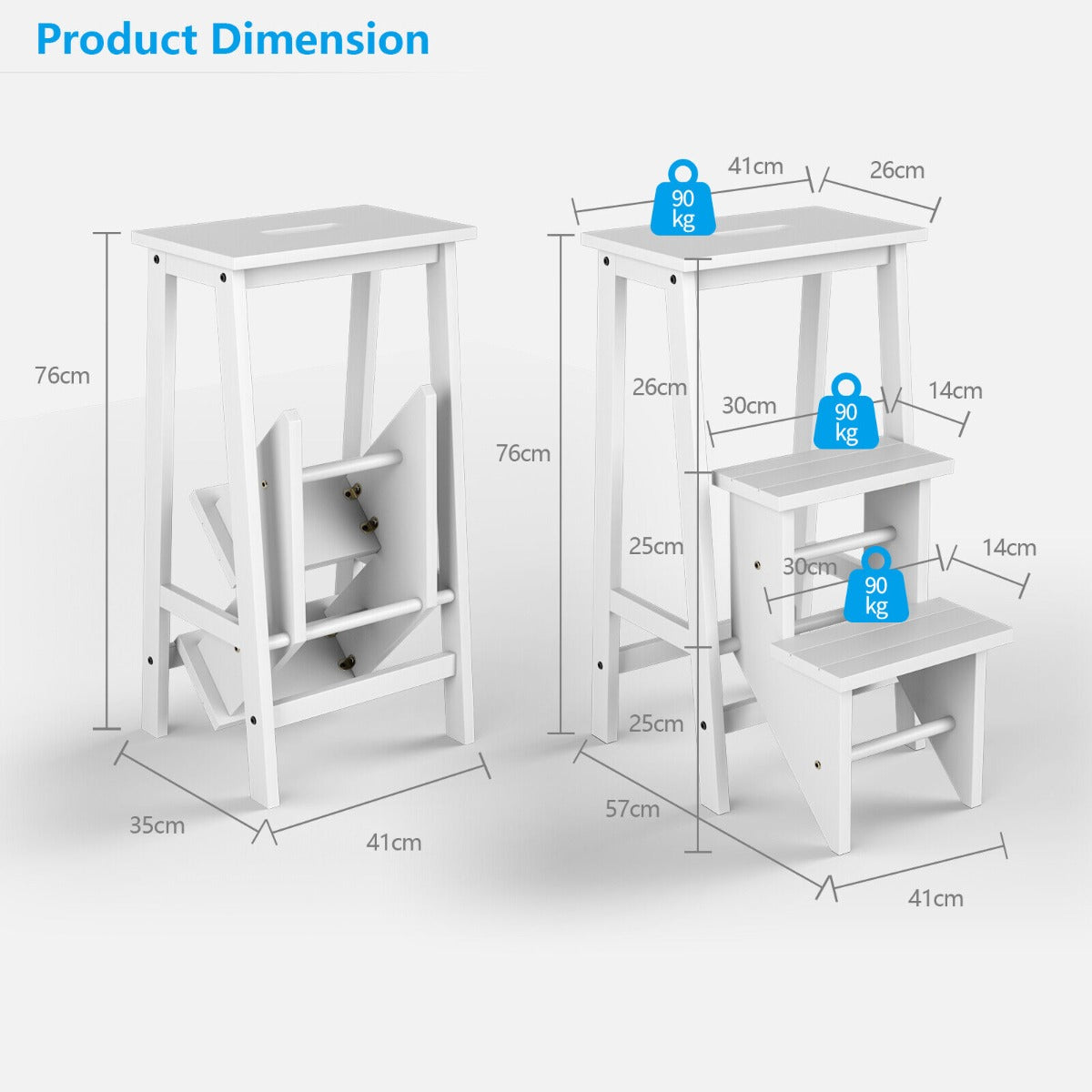 3-Tier Wooden Folding Portable Step Ladder with Carrying Handle-White