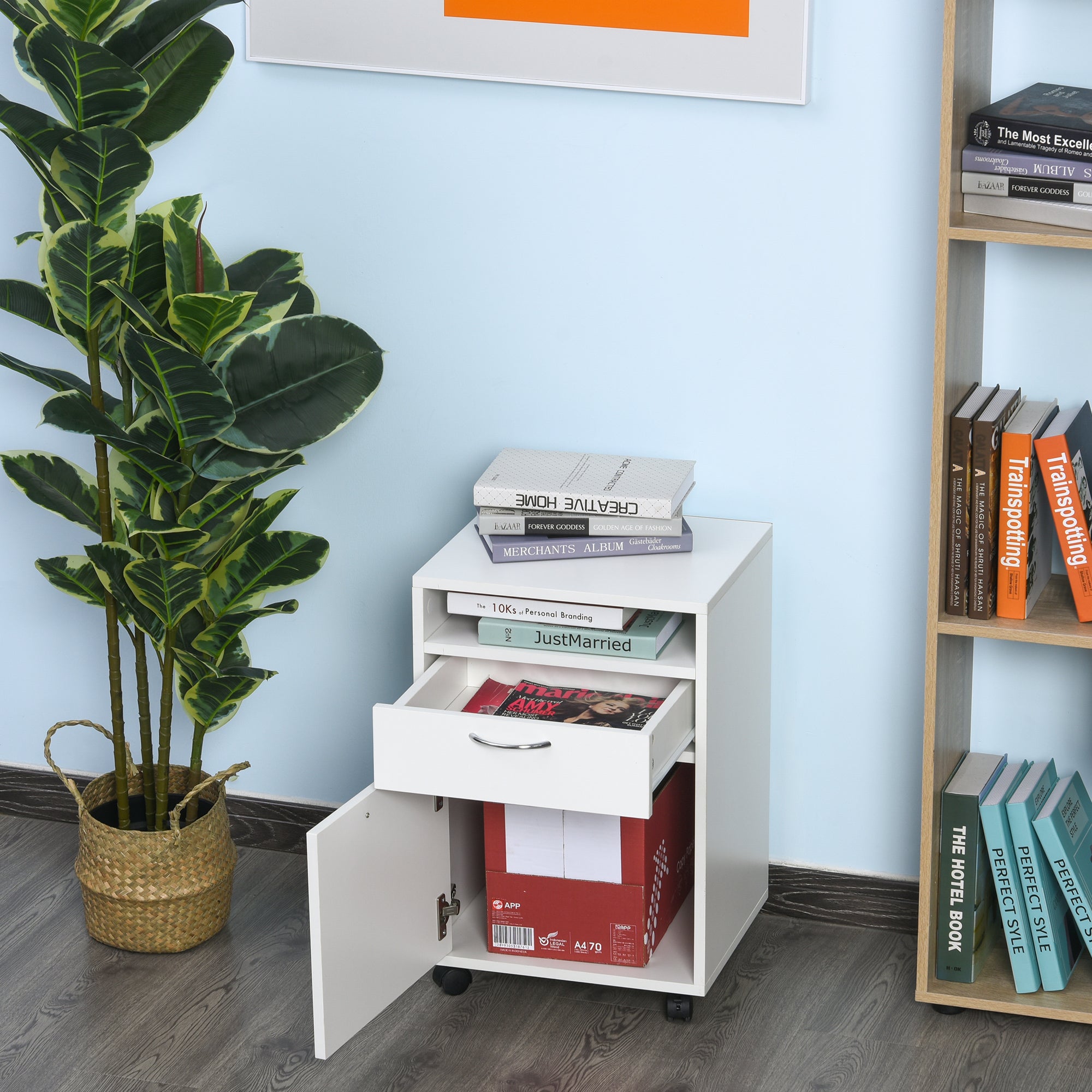 HOMCOM 60cm Storage Cabinet With Drawer Open Shelf Metal Handles 4 Whe homcom-60cm-storage-cabinet-with-drawer-open-shelf-metal-handles-4-whe