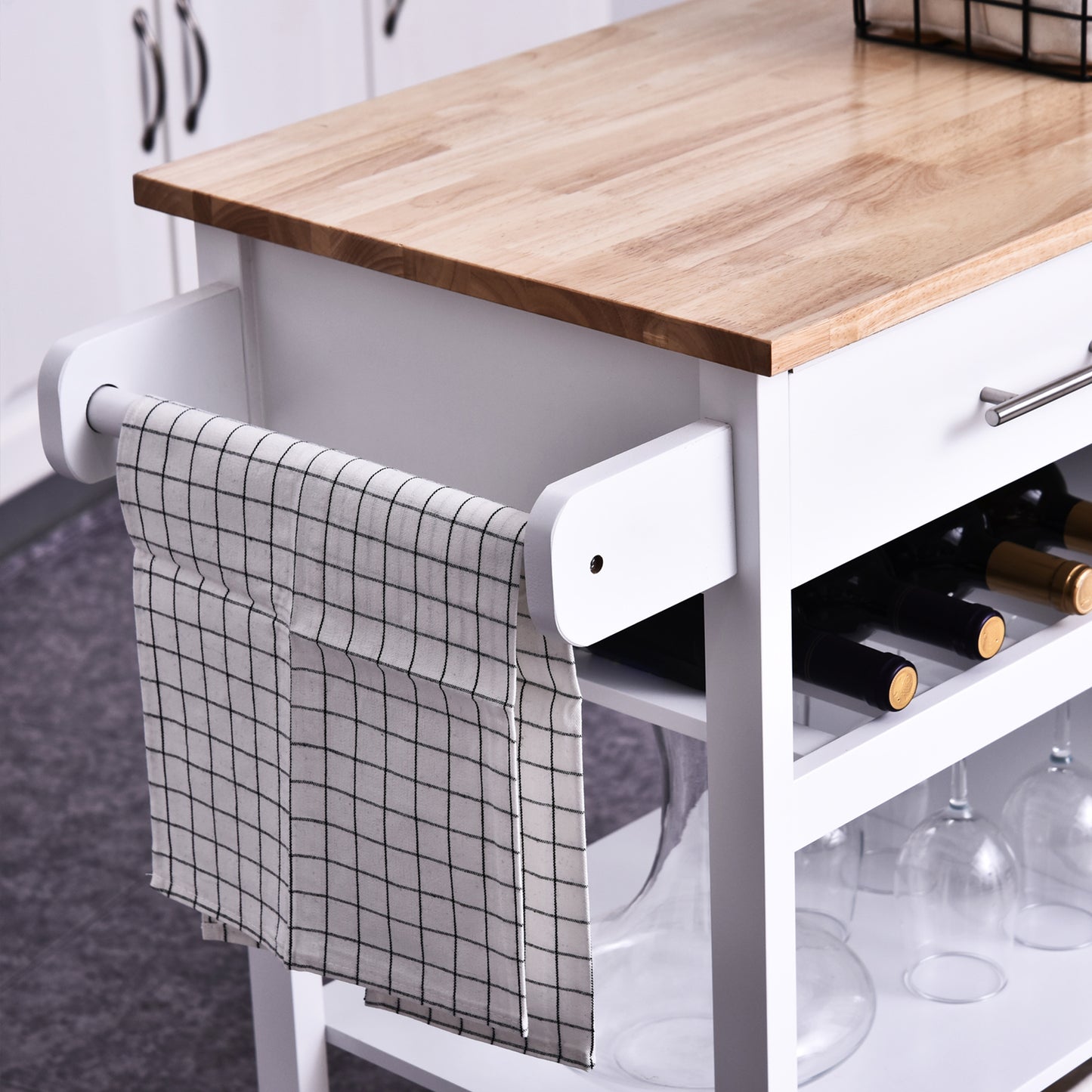 HOMCOM Kitchen Storage Trolley Cart Cupboard Rolling Wheels Shelves Cabinet Island W/ Drawers Towel Rail Wine Glass Rack Pine Wood Worktop White