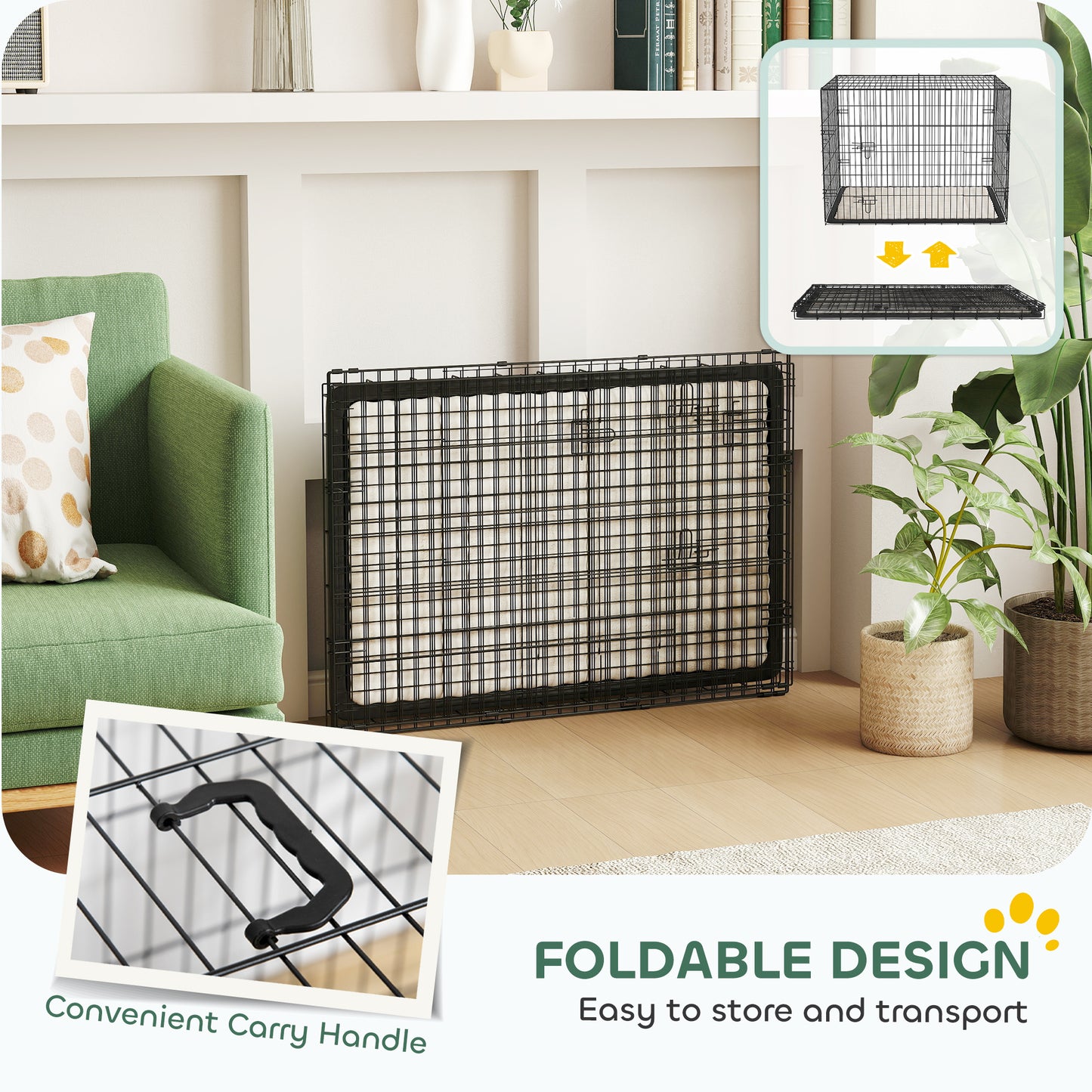 PawHut Foldable Dog Crate with 2 Doors with Tray, Soft Cushion, for Large Medium Dogs, 91 x 62 x 68, Black