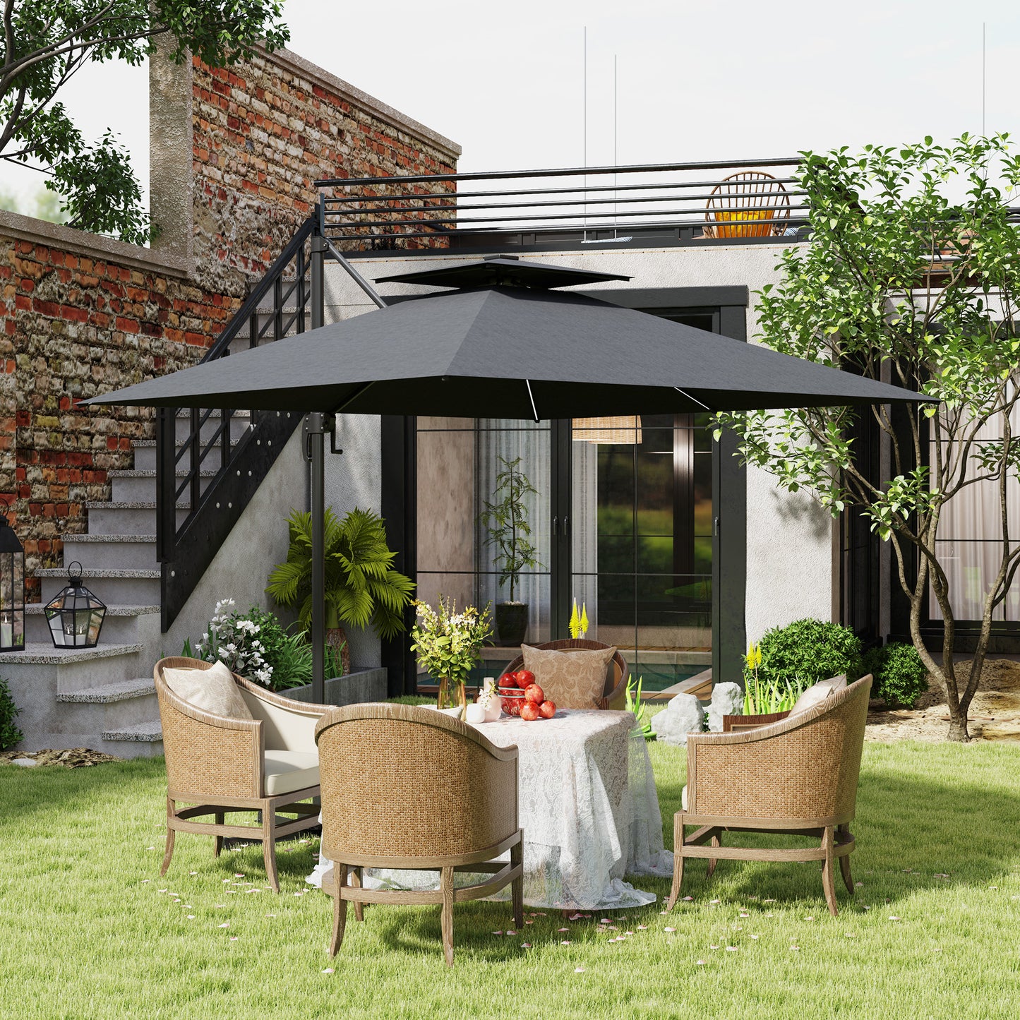 Outsunny 2.5m Cantilever Parasol with Solar Powered LED Lights, 360° Rotation, Tilt Adjustment, Crank Handle, Dark Grey
