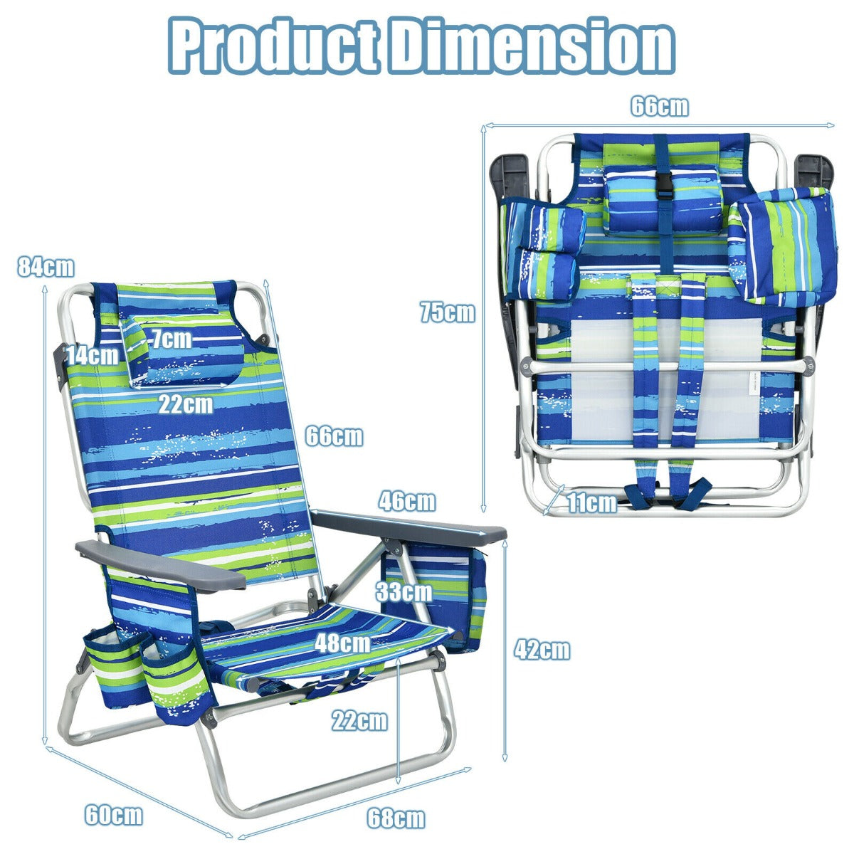 Set of 2 Folding Beach Chair Set with Headrest and Cup Holder-Blue & Green