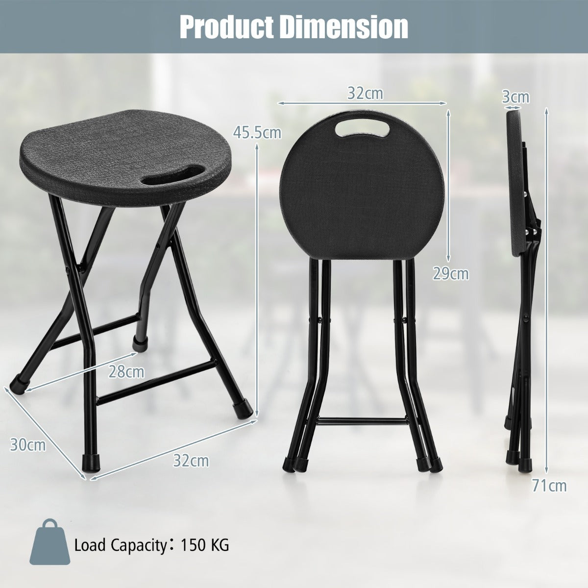Set of 2 Plastic Folding Stool Seat with Built-in Handle-Black