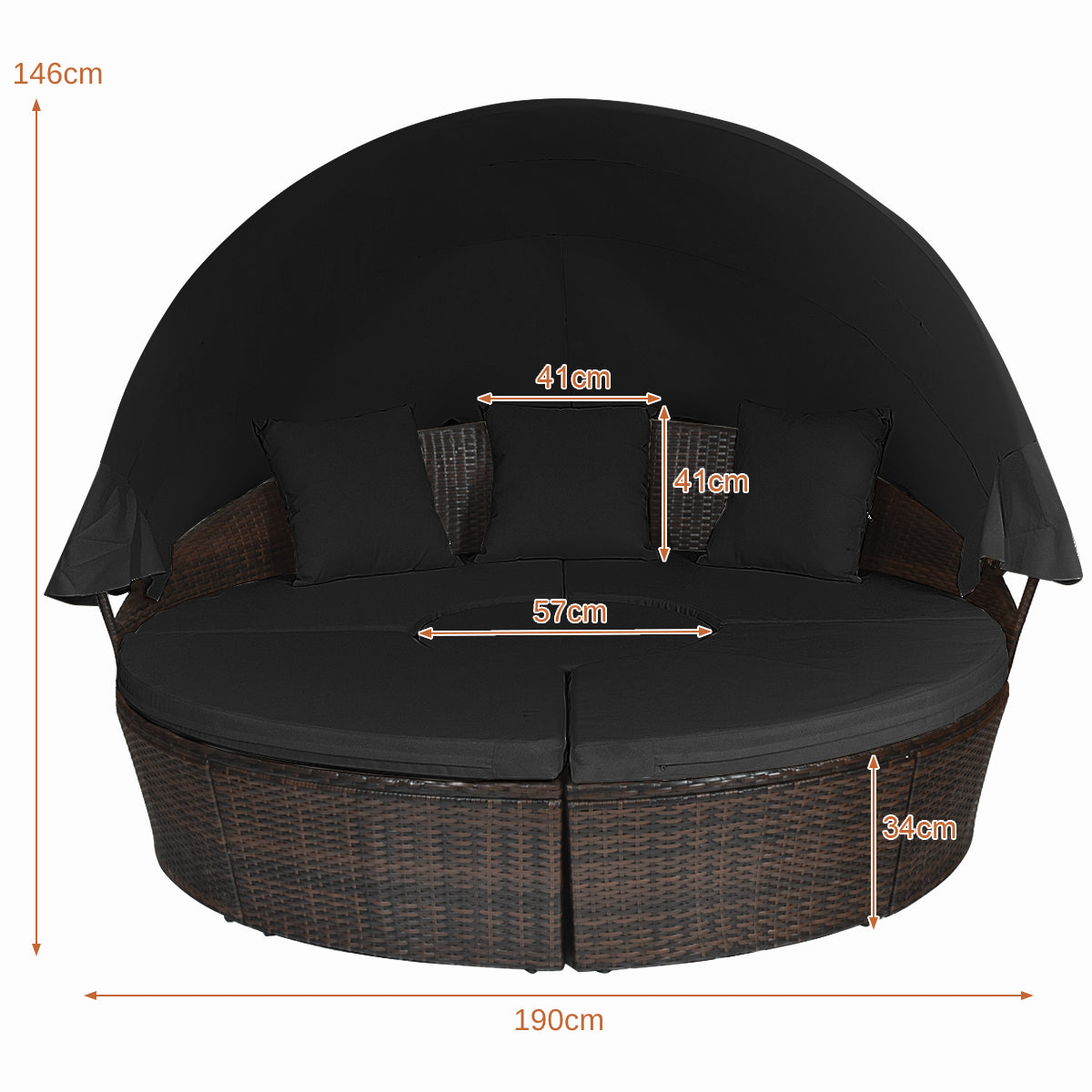 Outdoor Wicker Daybed, Patio Round Sectional Furniture Set-Black