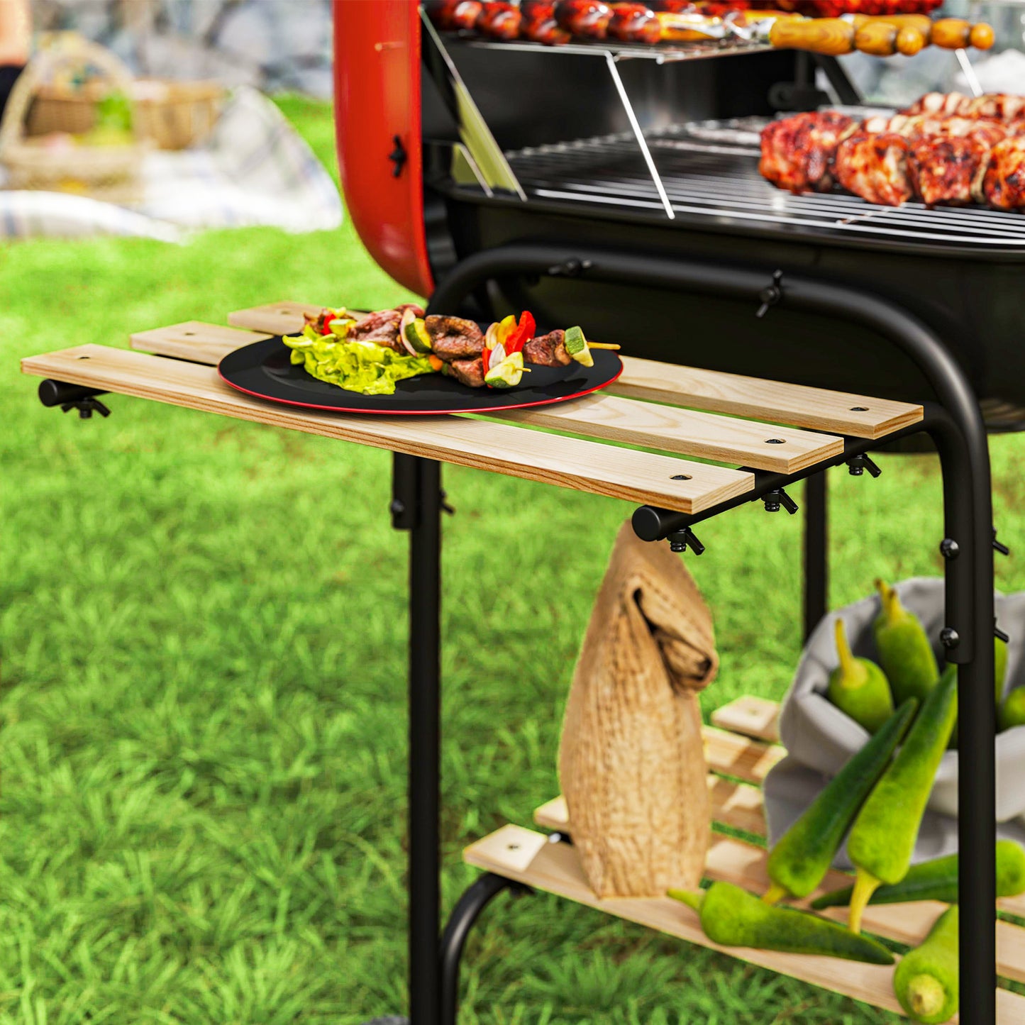 Outsunny Charcoal Barbecue Grill Portable BBQ Grill with 1840 cm² Cooking Area, 3 Shelves, Adjustable Vent, Lockable Lid, Wheels for Outdoor Cooking, Garden Party, Red