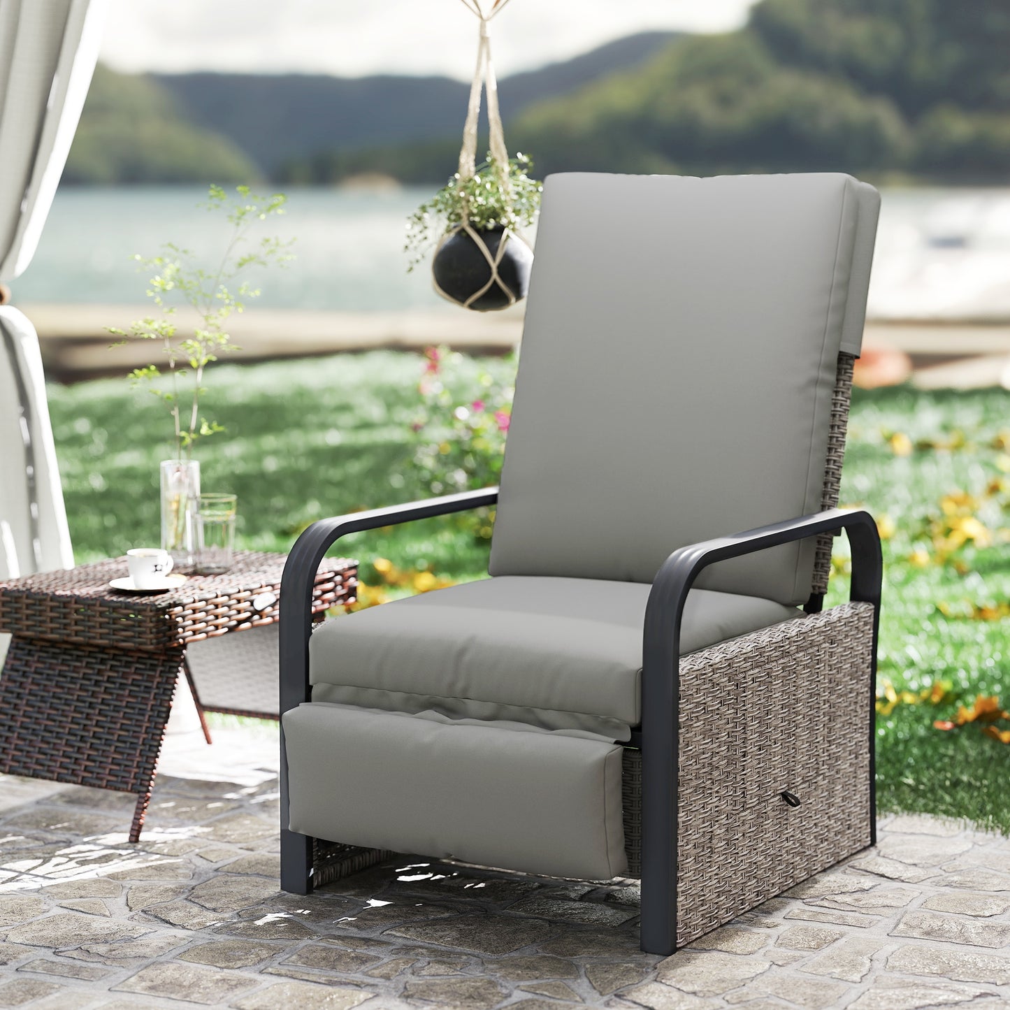 Outsunny 140° Reclining Rattan Armchair - Mixed Grey