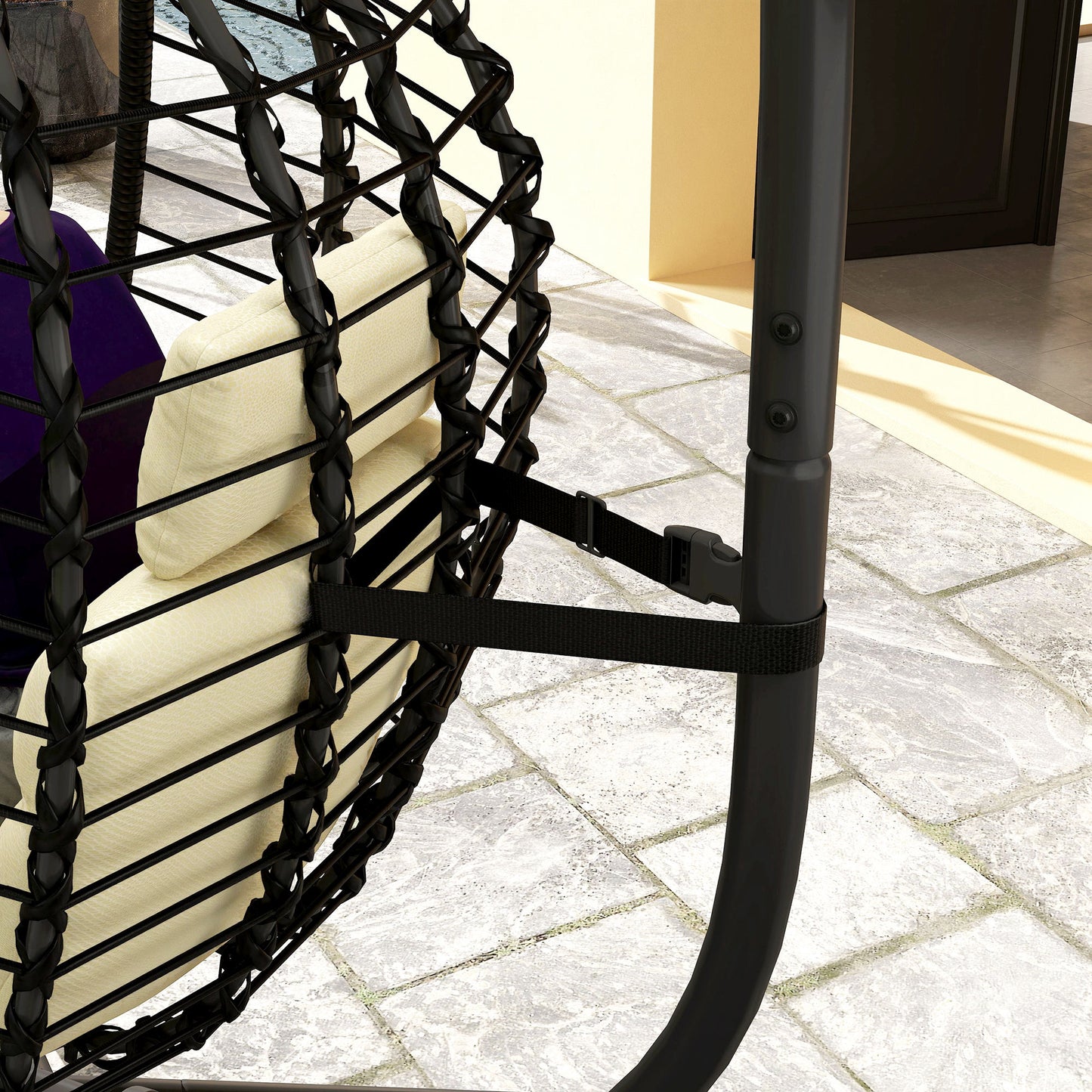 Outsunny Rattan Hanging Egg Chair, Foldable Wicker Hammock Swing Chair with Cushion, Stand, Adjustable Height, Head Pillow, Steel Frame for Garden Patio Indoor Outdoor, Cream White