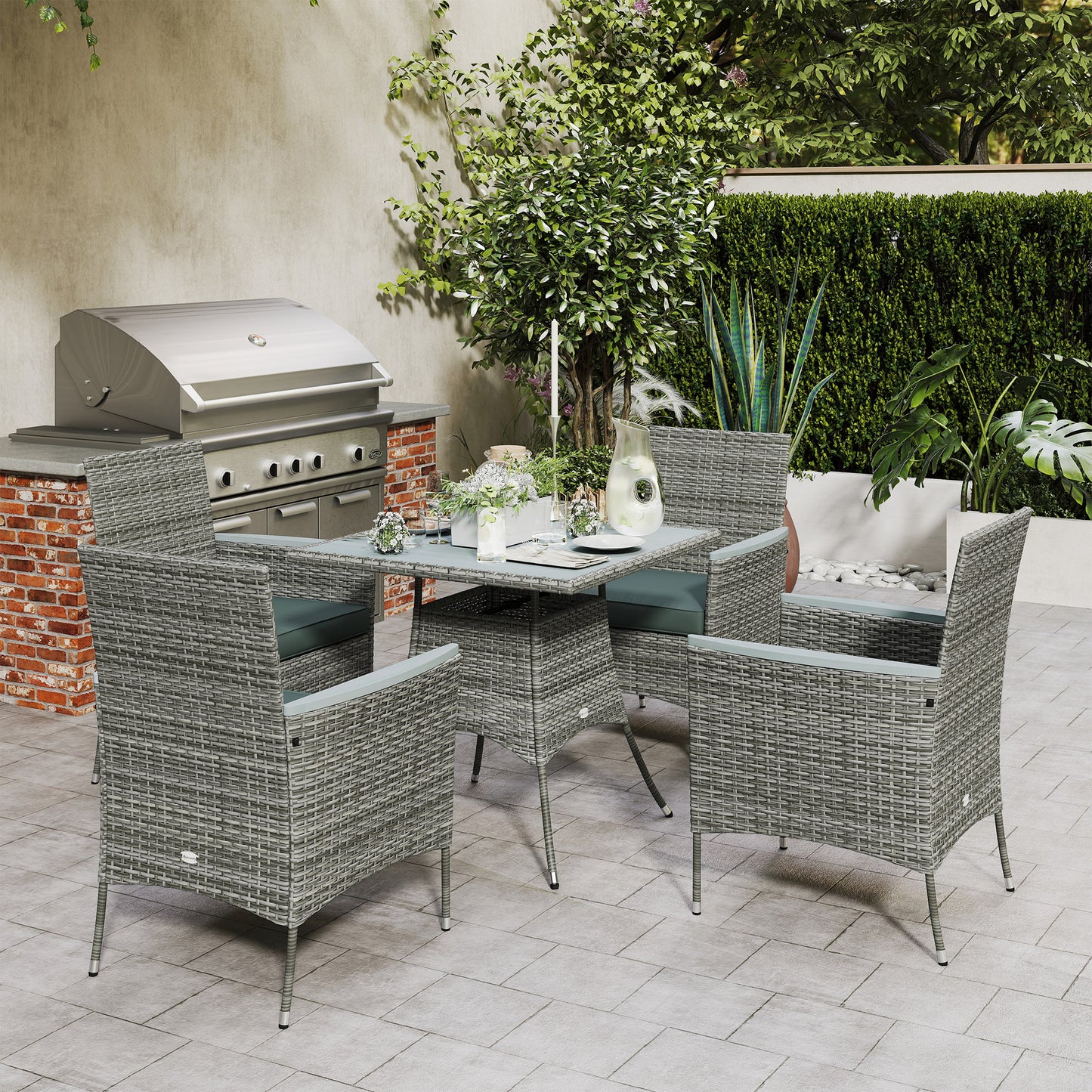 Outsunny Five-Piece Rattan Set, with Wood-Top Table - Grey