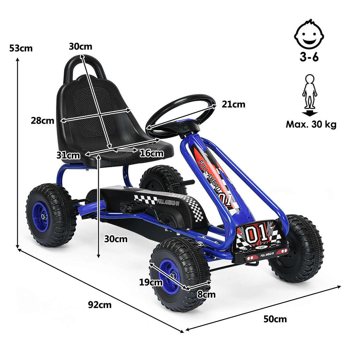 Adjustable Kids Pedal Go Cart Children Outdoor Ride On Racer with Plastic Wheels-Blue