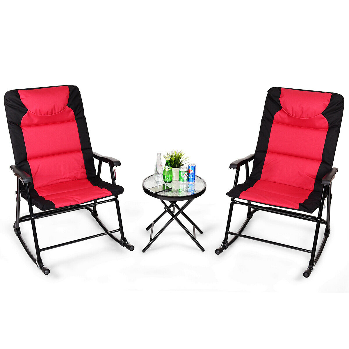 3 Pcs Folding Bistro Set Outdoor Rocking Chairs and Table Set-Red