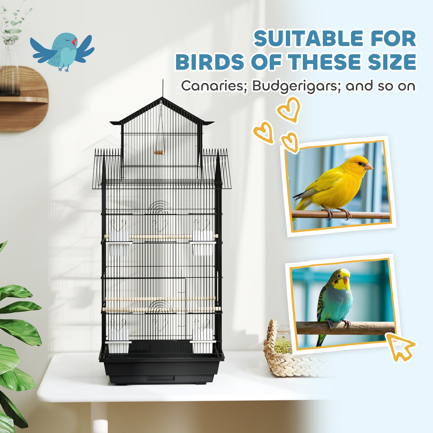 PawHut Metal Bird Cage with Plastic Swing, Perch, Food Container, Tray, Handle, for Finches, Canaries, 43 x 32.5 x 104cm