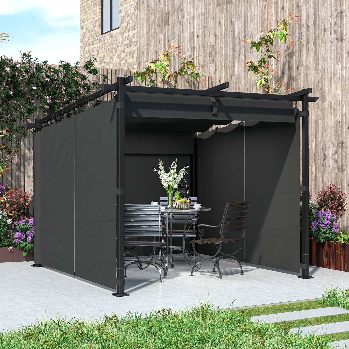 Outsunny 3 x 3 m Retractable Roof Pergola, with Curtains - Dark Grey