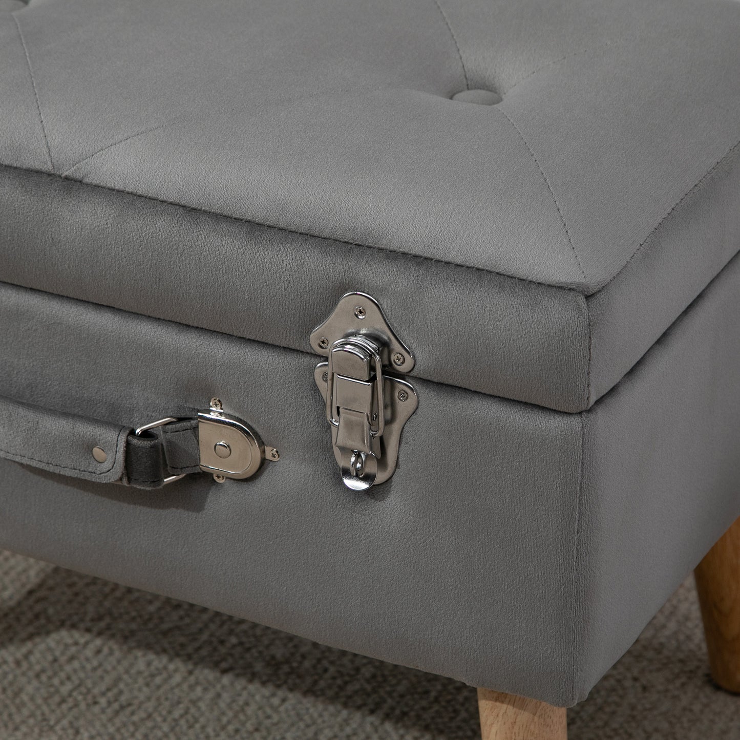 HOMCOM Faux Velvet Upholstered Ottoman Trunk w/ Wooden Legs Grey