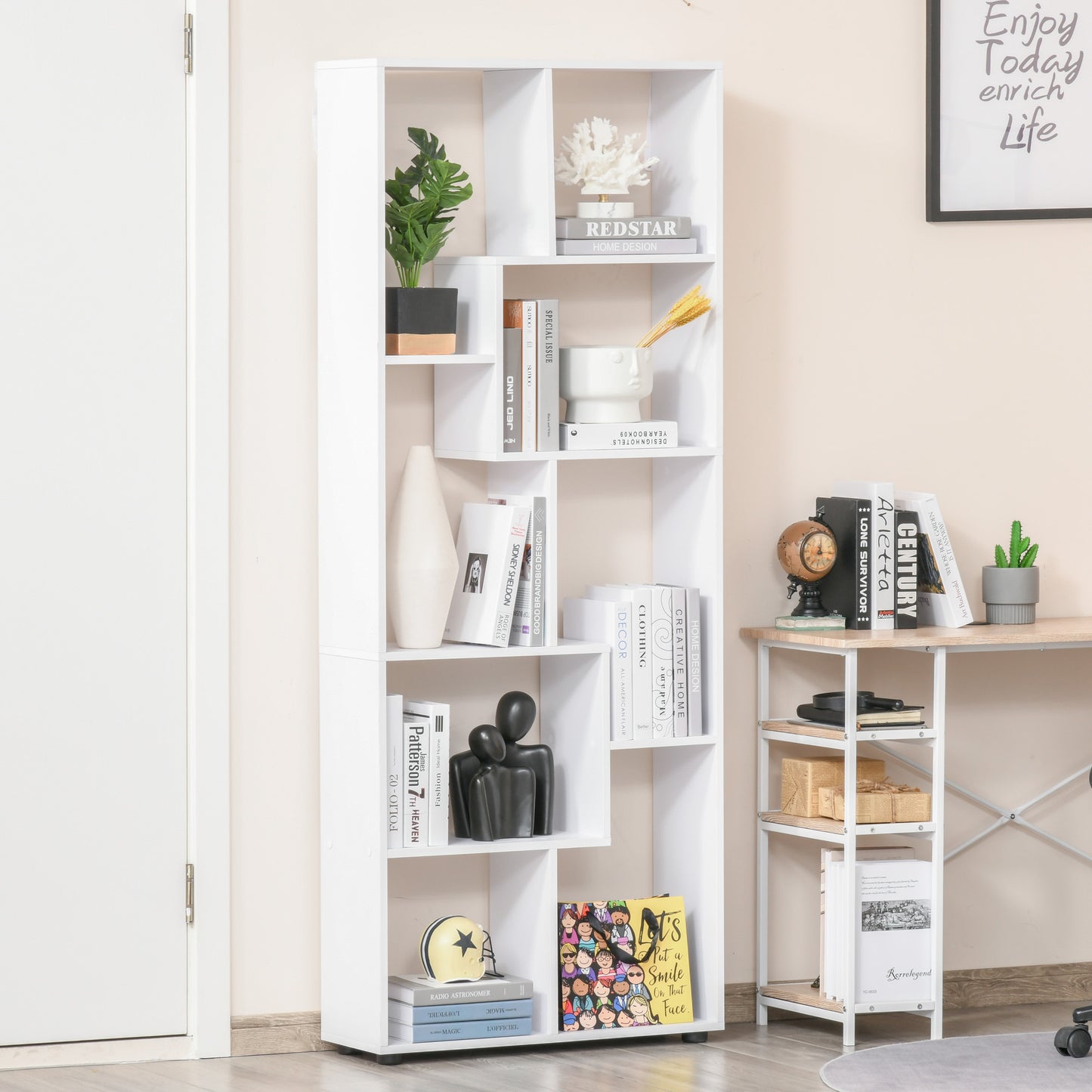 HOMCOM 8-Tier Freestanding Bookcase w/ Melamine Surface Anti-Tipping Foot Pads Home Display Storage Grid Stand Modern Style - White