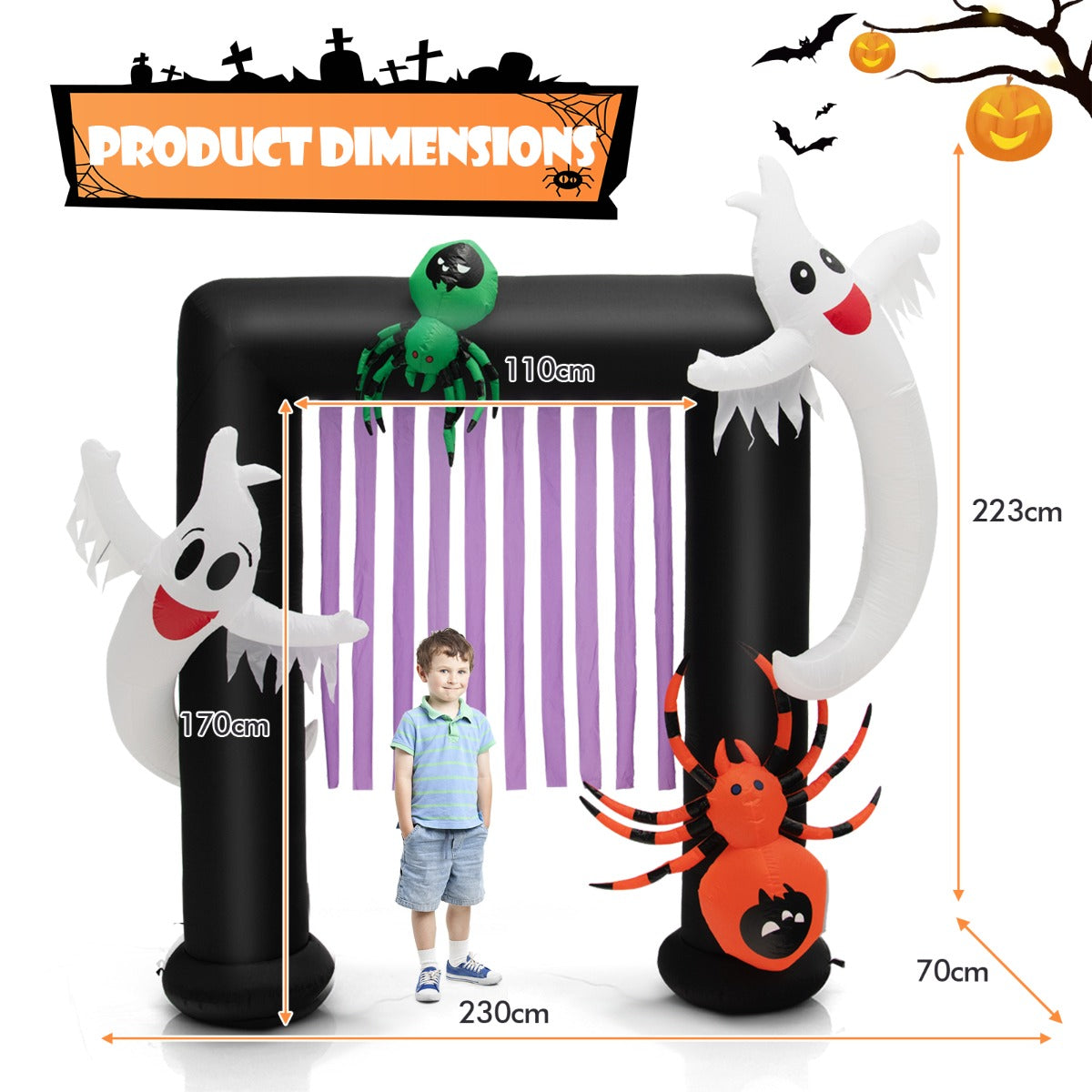 8 Feet Halloween Inflatable Archway with 2 Haunted Ghosts and Spiders