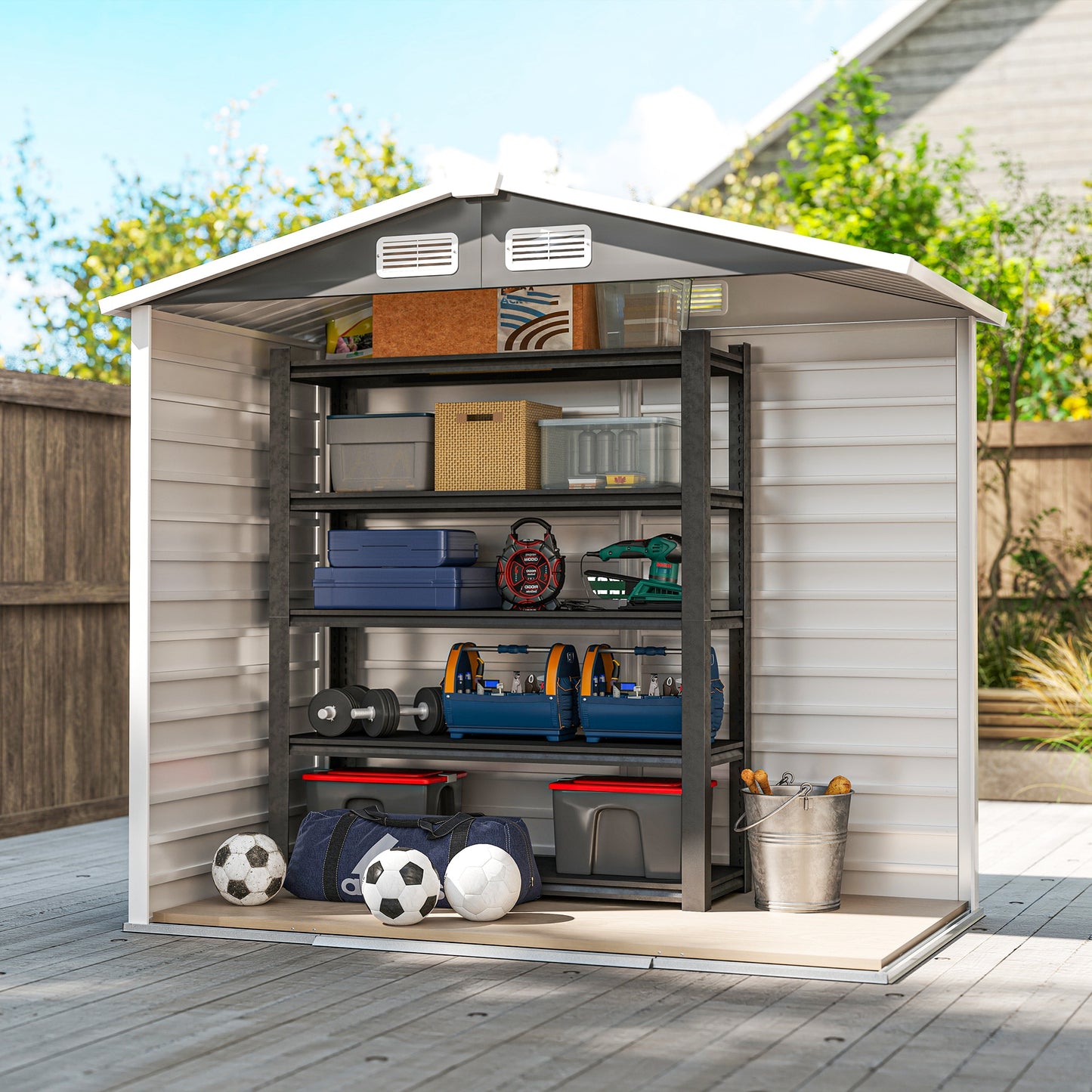 Outsunny 7 x 4ft Garden Shed, Easy to Assemble, Upgraded Galvanised Steel Frame with Foundation Kit, Double Doors with Lock, Outdoor Metal Shed with Vents and Gloves, Garden Storage Shed, Dark Grey