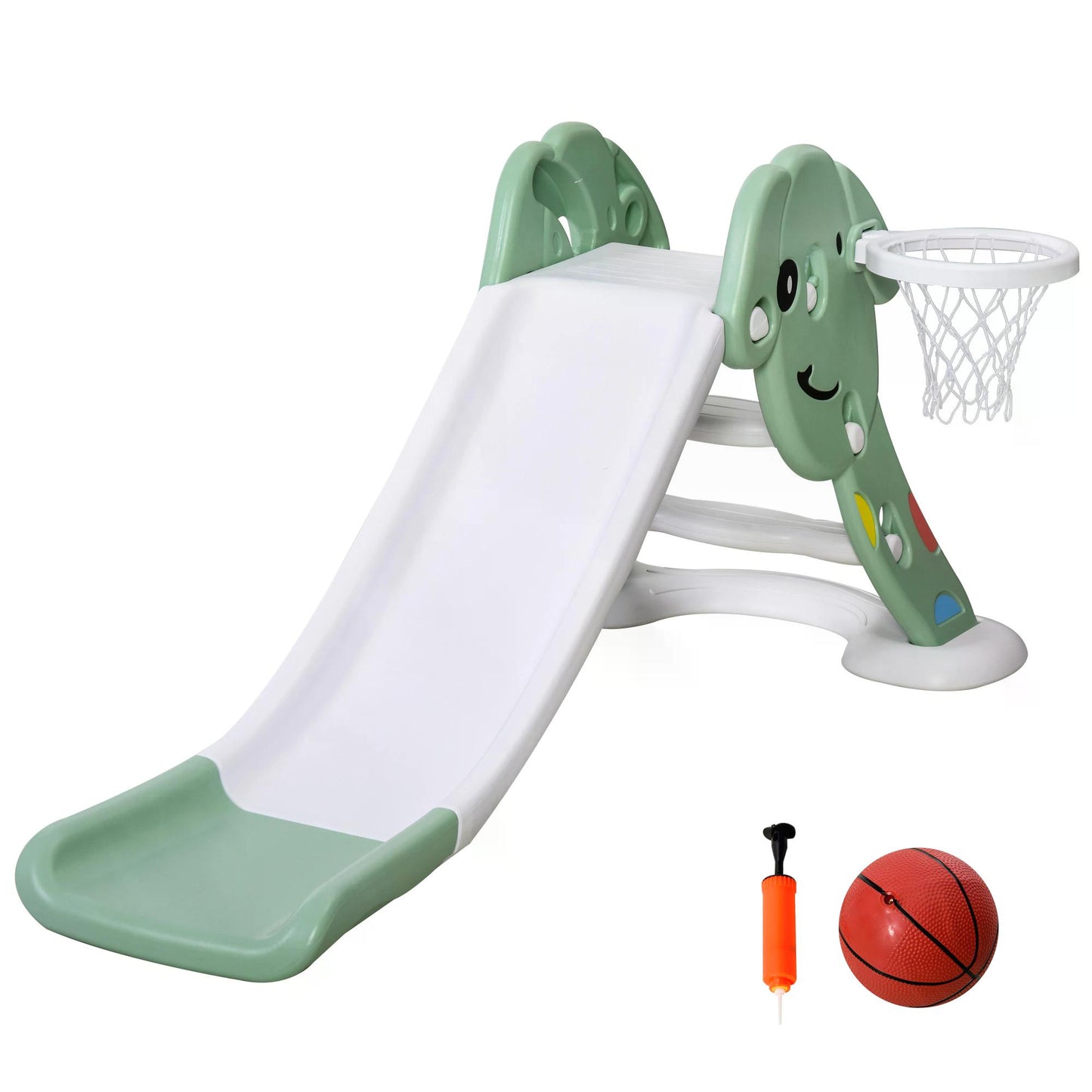HOMCOM Kids Slide with Basketball Hoop Toddler Climber Freestanding Slider Playset Playground Slipping Slide for 2-6 Years Old Green