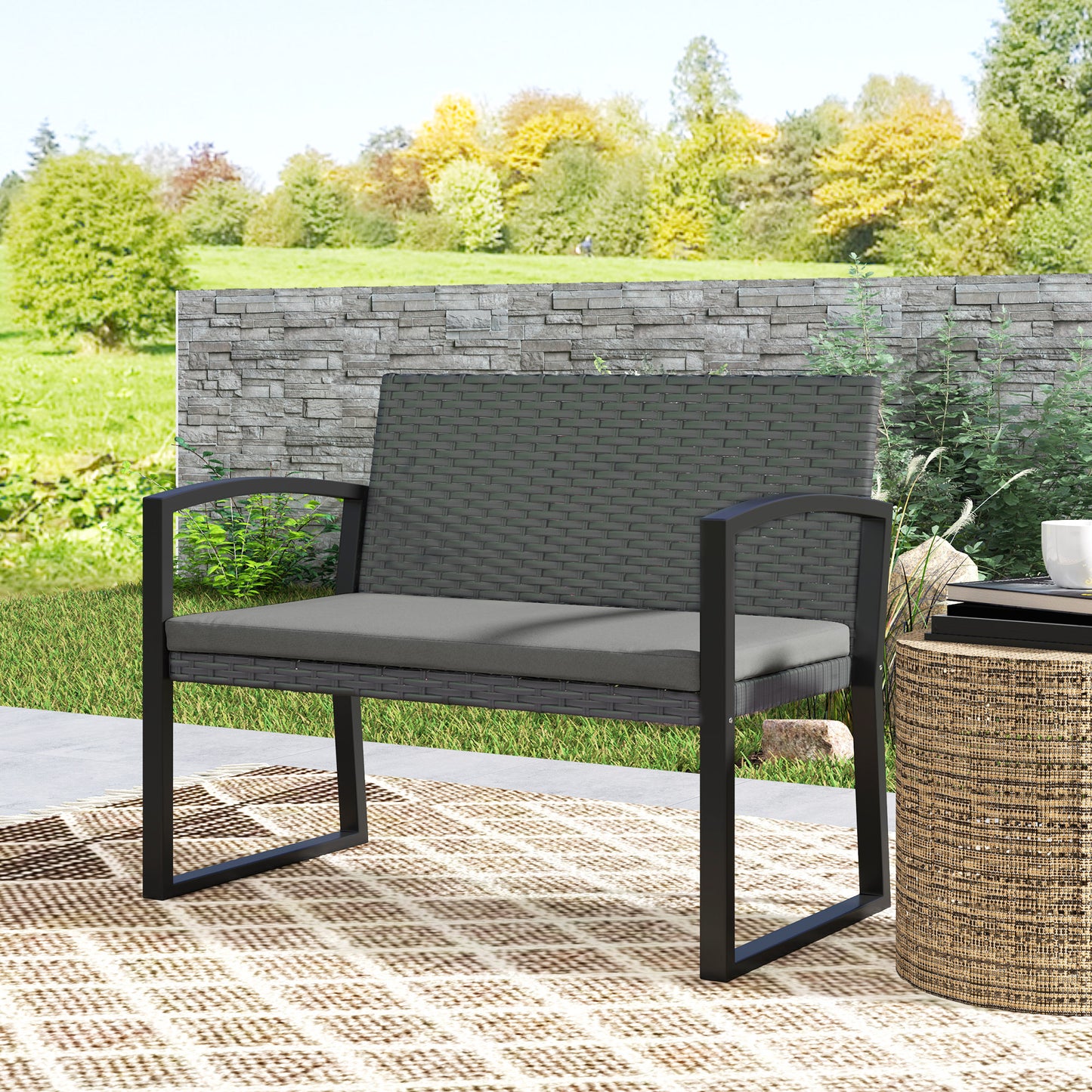 Outsunny Two-Seater Rattan Garden Bench - Grey/Black