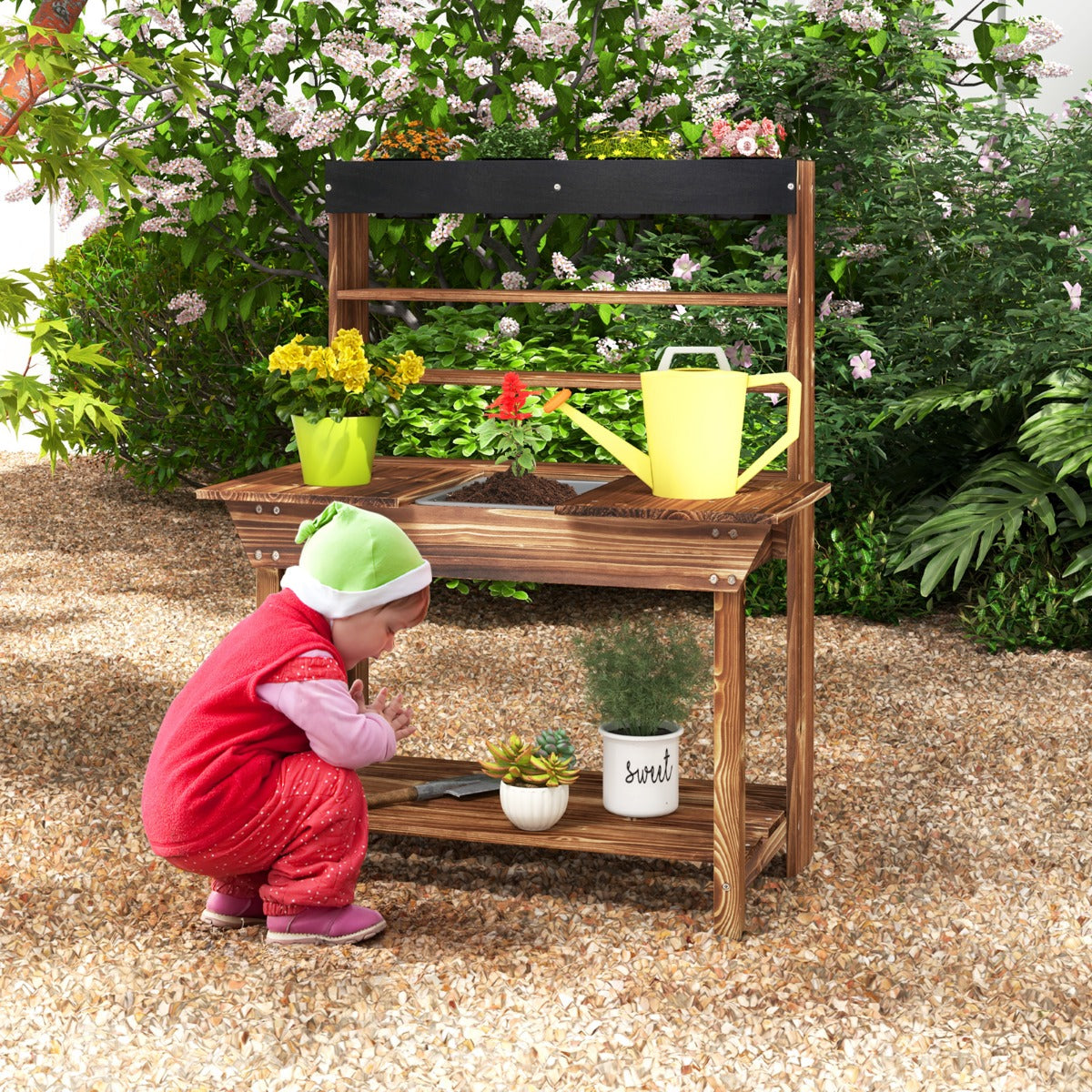 Wooden Potting Bench Table for Kids with Solid Fir Wood Frame and Remo ...