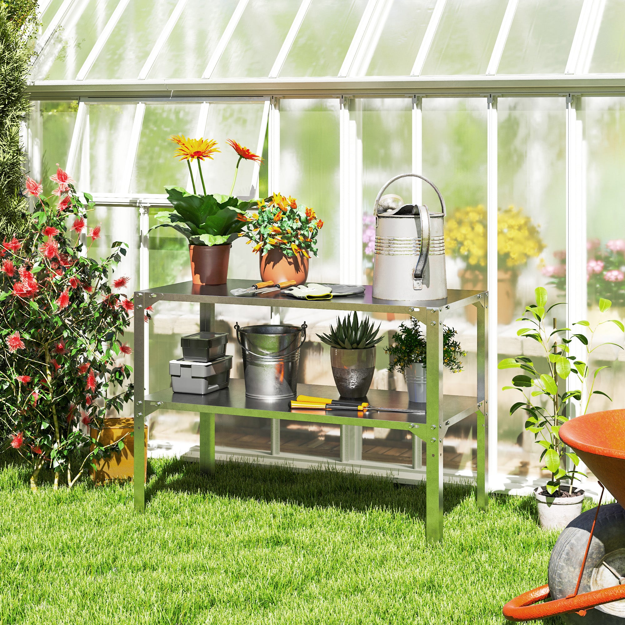 Outsunny 2 Tier Potting Bench Table, Galvanised Steel Garden Planting ...