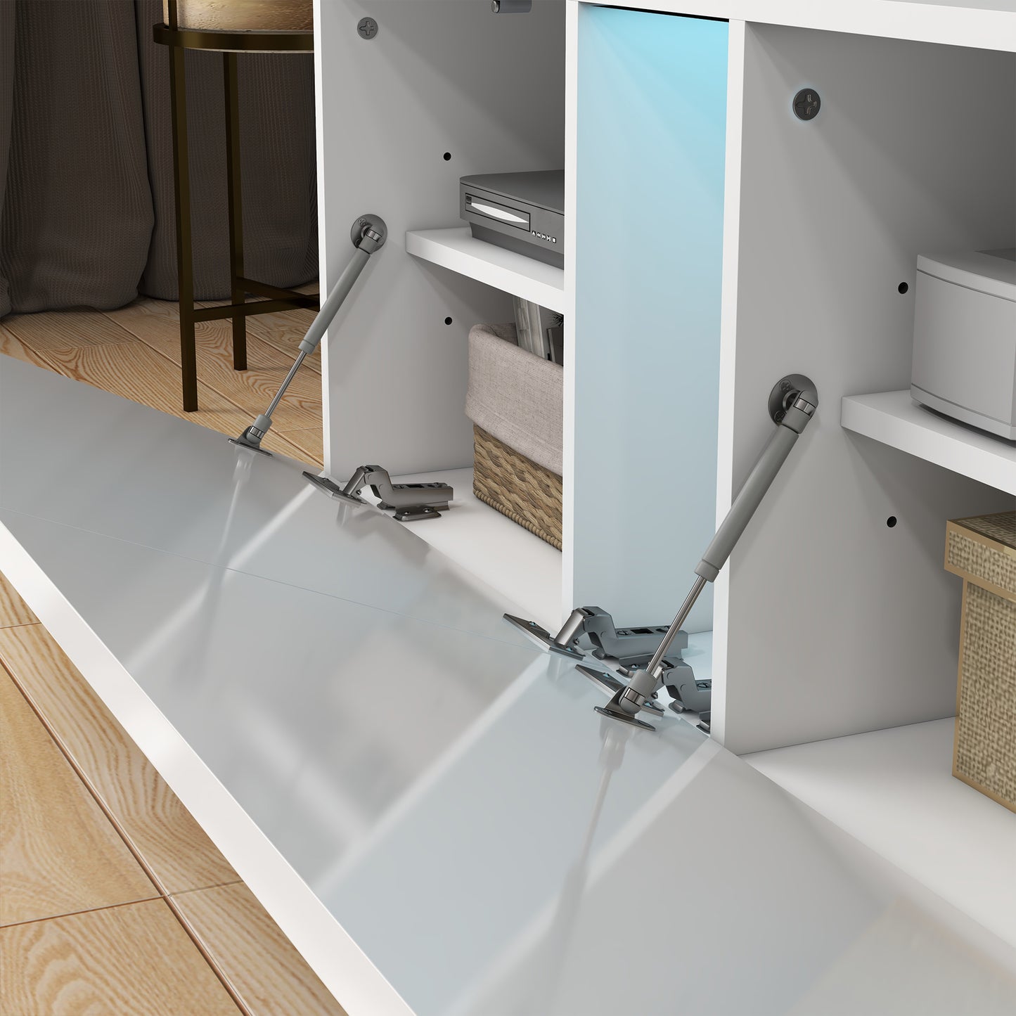 HOMCOM TV Cabinet Stand for TVs up to 70", High Gloss Doors TV Unit with 3 Cupboards, Storage Shelves and 2 Cable Holes for Living Room, White