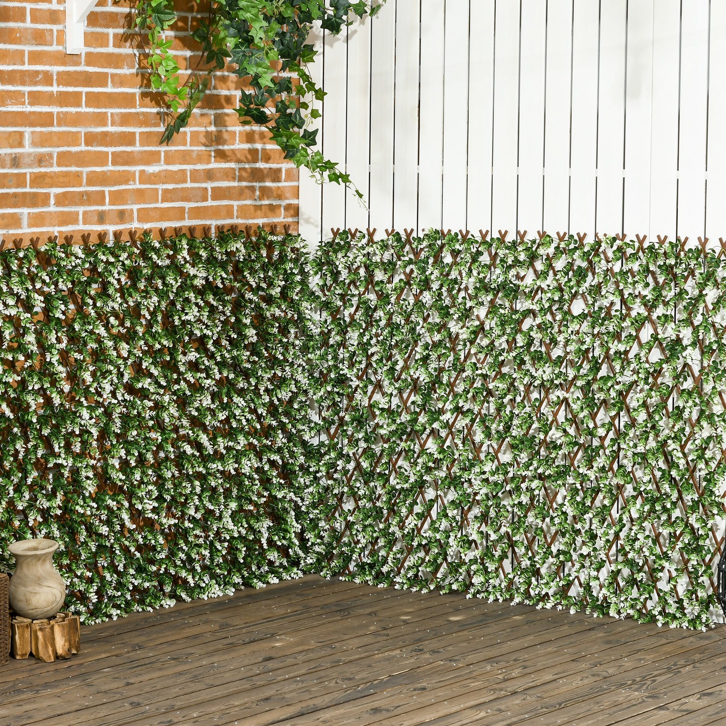 outsunny-2-pcs-expandable-faux-privacy-fence-2-x-1m-decorative-trellis-w-artificial-leaves-garden-telescopic-hedge-privacy-screen-greenery-walls