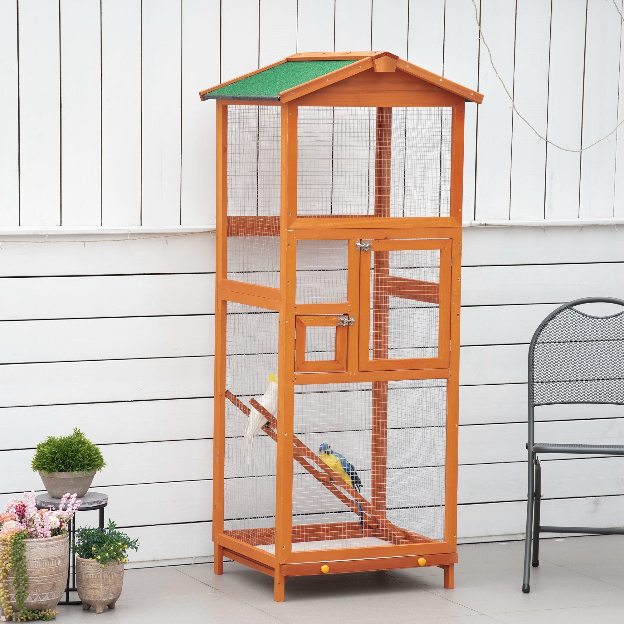 PawHut Wooden Bird Aviary Cages Outdoor Finches Birdcage with Pull Out ... - Wooden Bird Cages For Finches