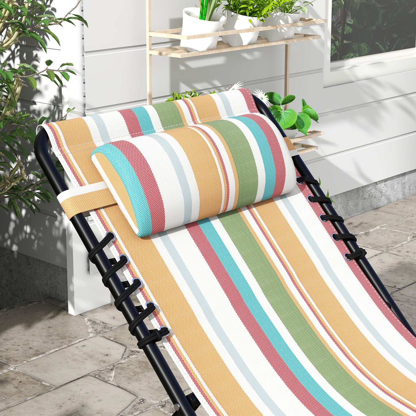 outsunny-2-pcs-folding-sun-lounger-beach-chaise-chair-garden-cot-camping-recliner-with-4-position-adjustable-multicolored