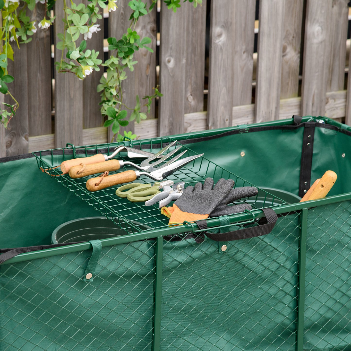 outsunny-large-4-wheel-heavy-duty-garden-trolley-cart-wheelbarrow-with-handle-and-metal-frame-green