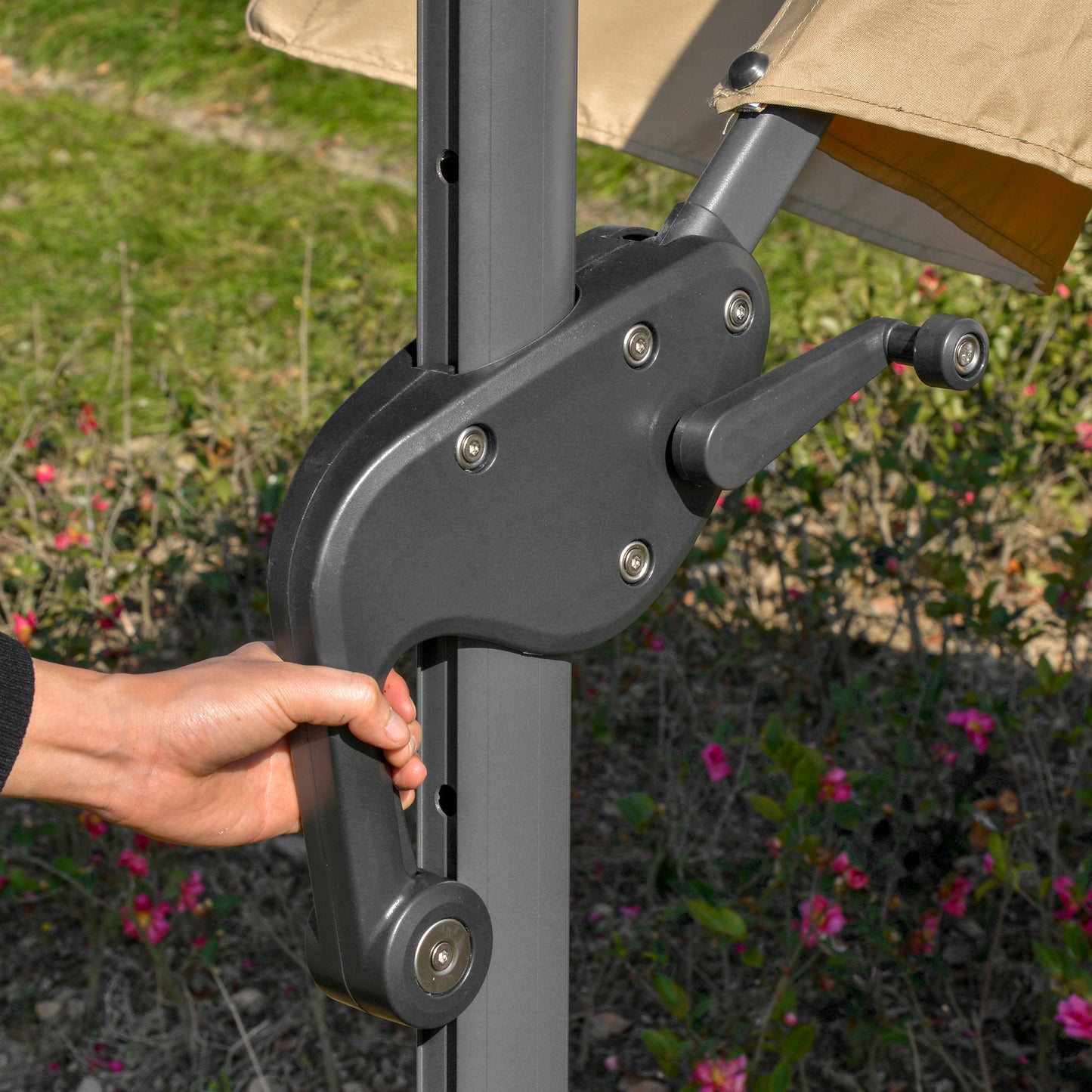 outsunny-3m-square-outdoor-umbrella-adjustable-garden-sun-umbrella-with-led-solar-light-cross-base-rotating-outdoor-khaki