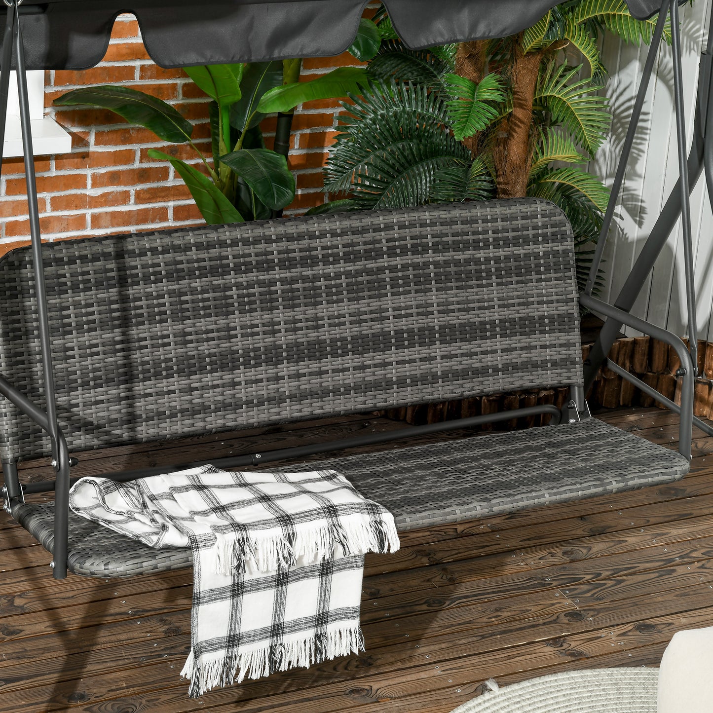 outsunny-3-person-outdoor-pe-rattan-swing-chair-patio-wicker-hanging-swing-bench-with-steel-frame-stand-adjustable-canopy-grey
