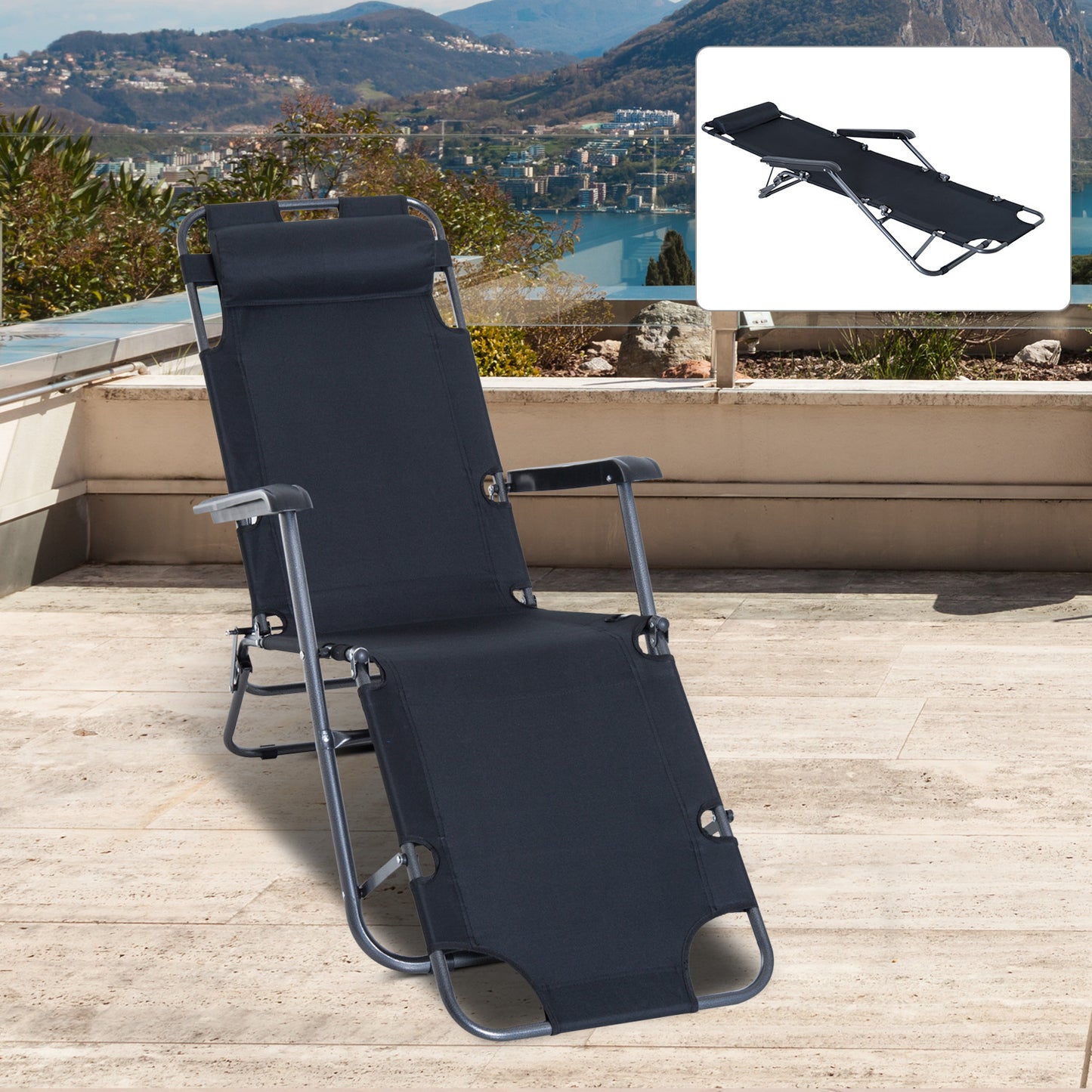 outsunny-2-in-1-sun-lounger-folding-reclining-chair-garden-outdoor-camping-adjustable-back-with-pillow-black