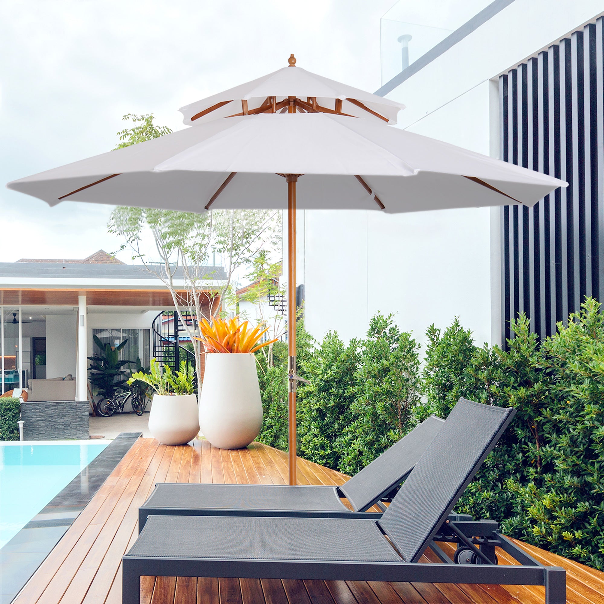 Outsunny 2.7m Double Tier Bamboo Patio Umbrella - Cream – GardenArch