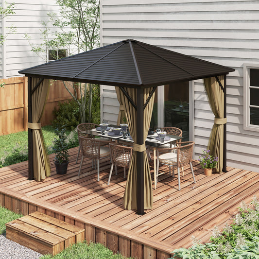 outsunny-3-x-3-m-garden-gazebo-with-netting-and-curtains-hard-top-gazebo-canopy-shelter-with-metal-roof-aluminium-frame-for-garden-lawn-deck-bronze-tone