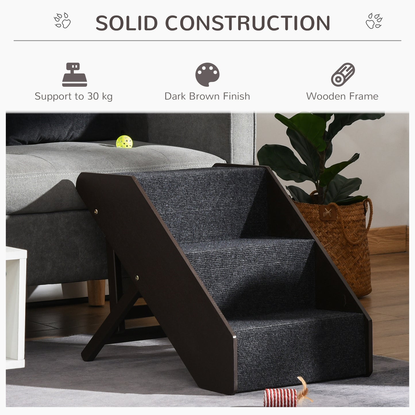 Pawhut Pet-3 Steps Ladder Ramp-Dark Brown
