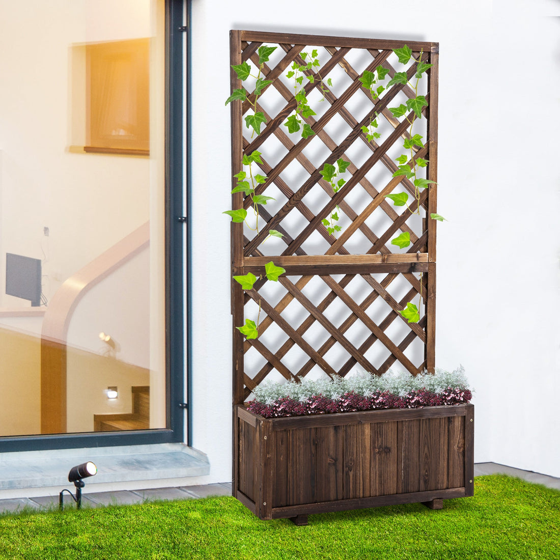 Raised Garden Bed Fir Wood Planter Box with 2-Sided Trellis and Hanging Roof-Orange