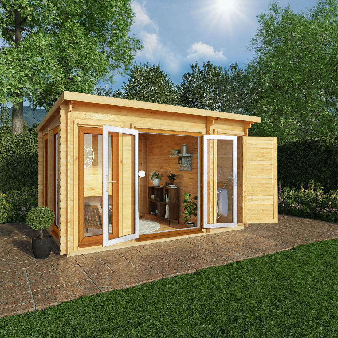 3M X 3M Studio Pent Log Cabin - 34Mm