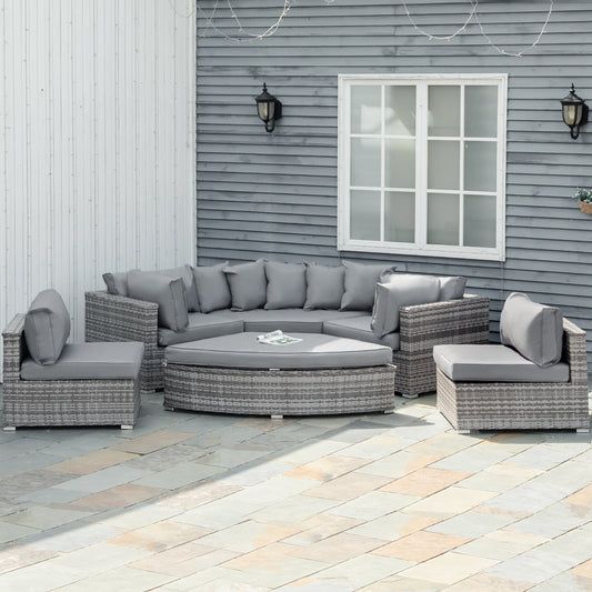 Outsunny 6 Seater Garden Dining Set with Soft Cushions, Rattan Backrest, Rectangular Plastic Top, Garden Furniture Set, Outdoor Dining Table and Chairs for Patio, Balcony, Poolside, Nature Wood Finish