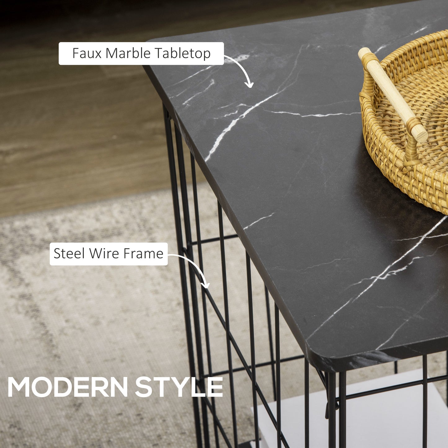 HOMCOM Side Table Set of 2 with Wire Storage Basket, End Tables Coffee Tables with Faux Marble Top for Living Room Bedroom, Black