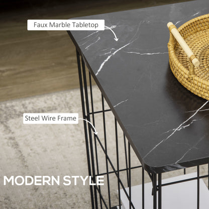 HOMCOM Side Table Set of 2 with Wire Storage Basket, End Tables Coffee Tables with Faux Marble Top for Living Room Bedroom, Black