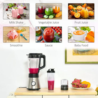 HOMCOM Blender Smoothie Maker, 900W Countertop Blender with 5 Speed Setting, Pulse Function, 1.5L Mix Cup, Portable Cup and Grinder