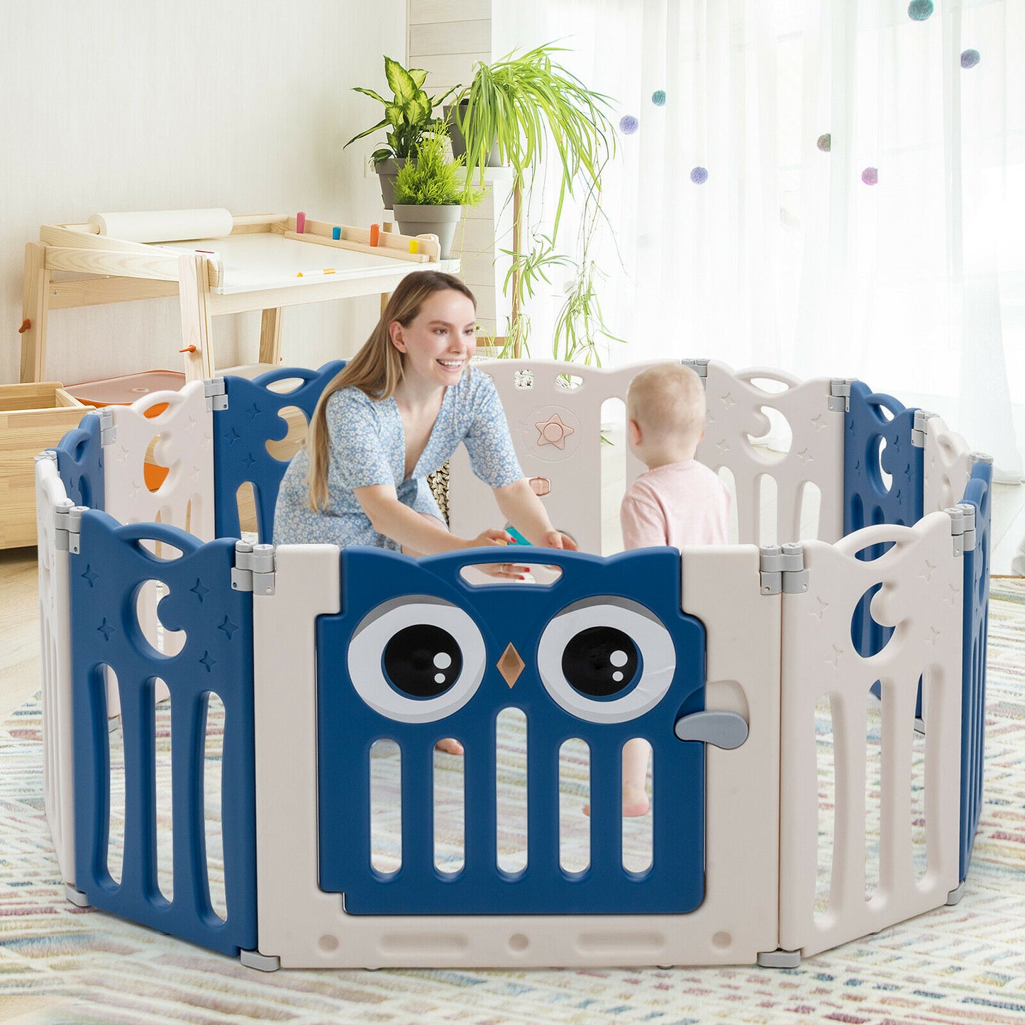 12 Panel Foldable Baby Playpen-Blue