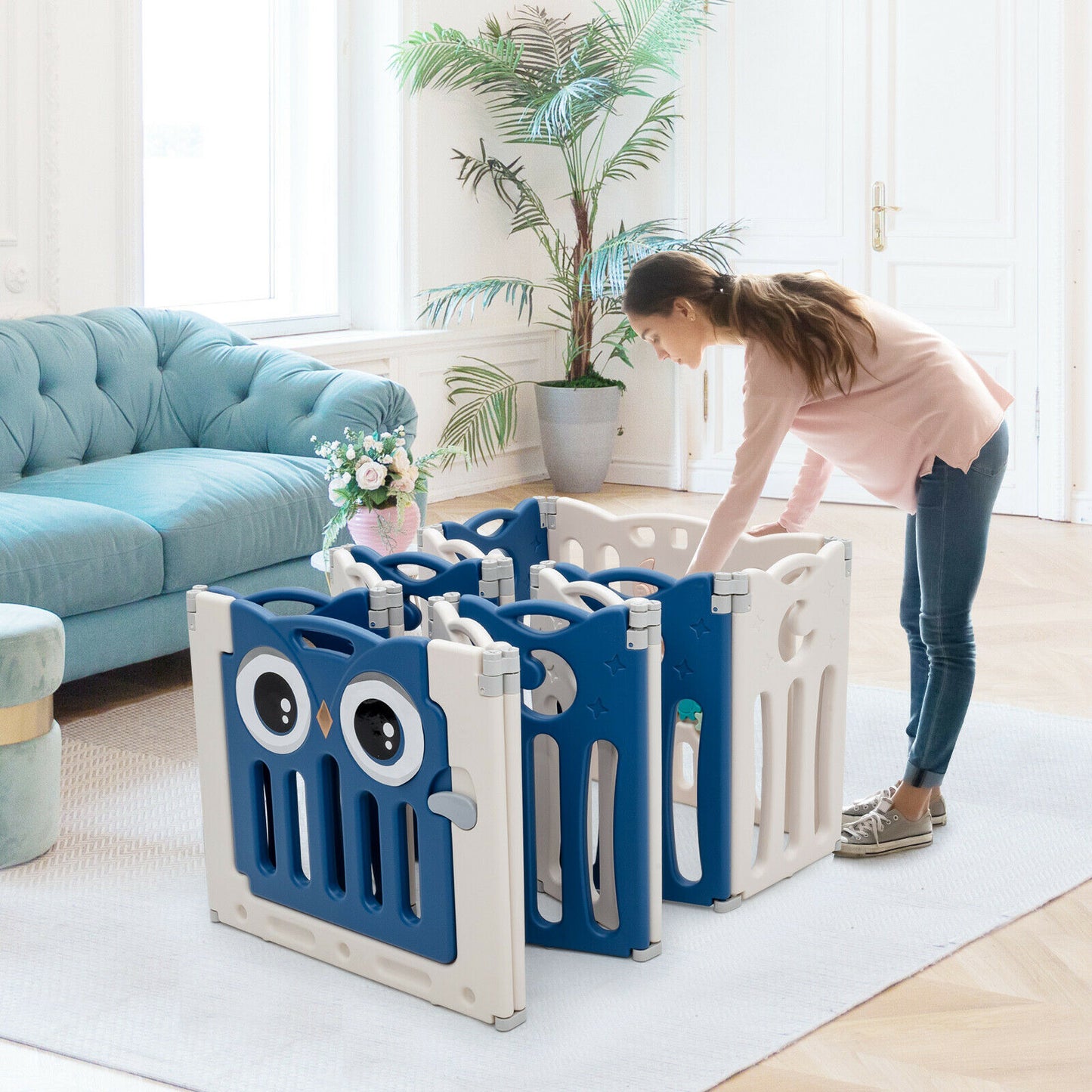 12 Panel Foldable Baby Playpen-Blue