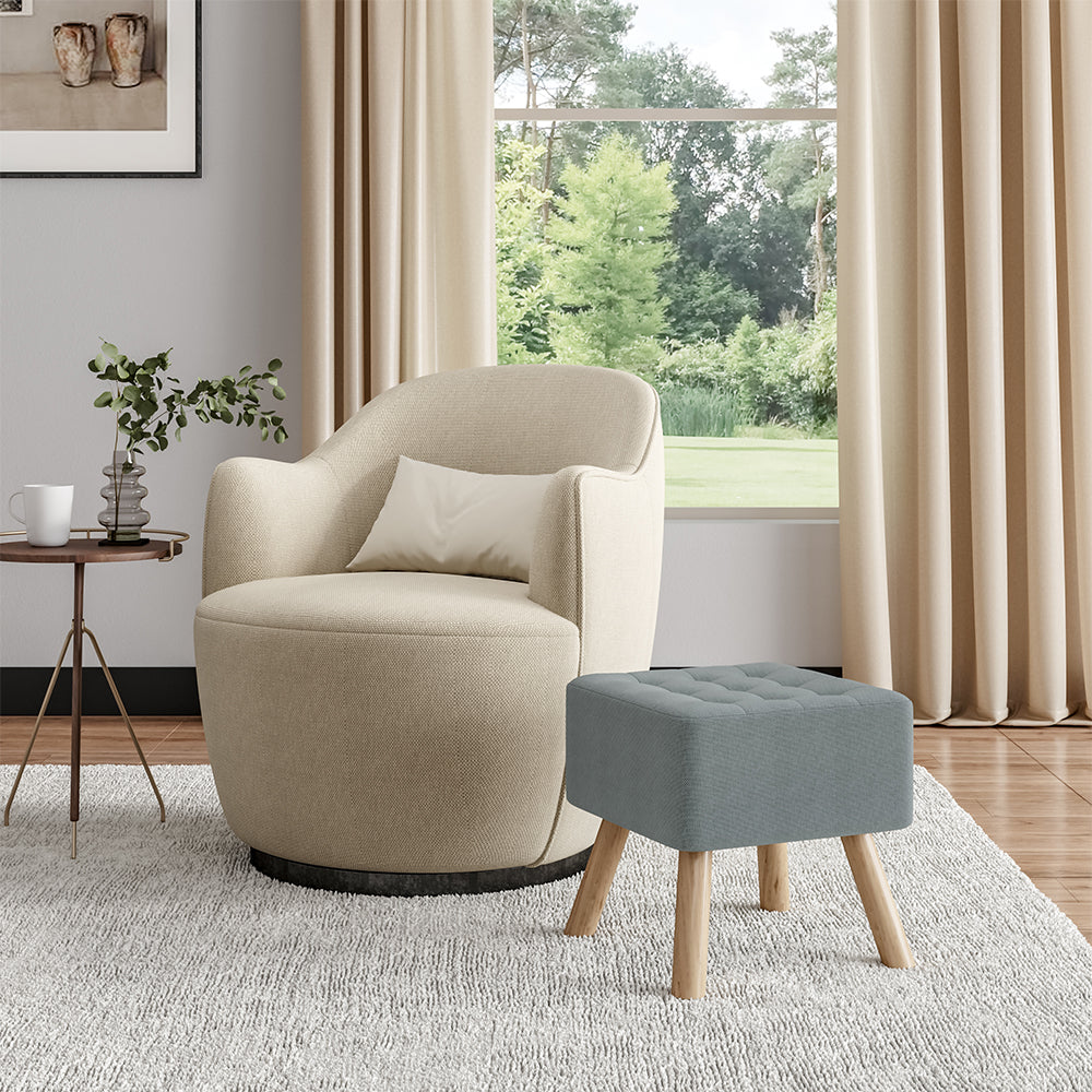 Linen Square Tufted Footstool with Wooden Legs