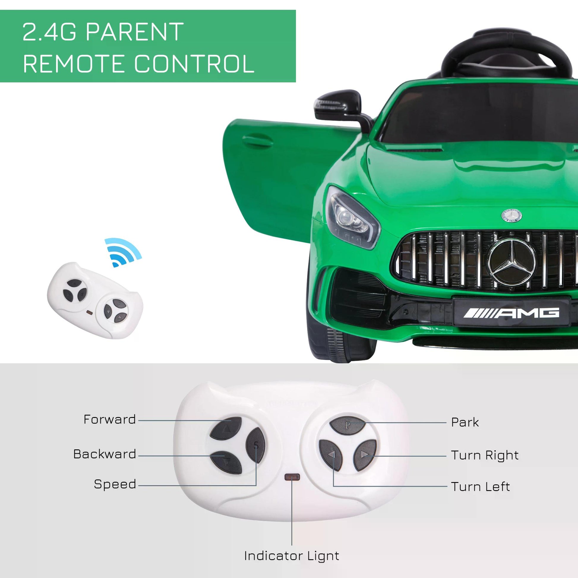 HOMCOM Compatible 12V Battery-powered 2 Motors Kids Electric Ride On Car GTR Toy with Parental Remote Control Music Lights MP3 for 3-5 Years Old Green