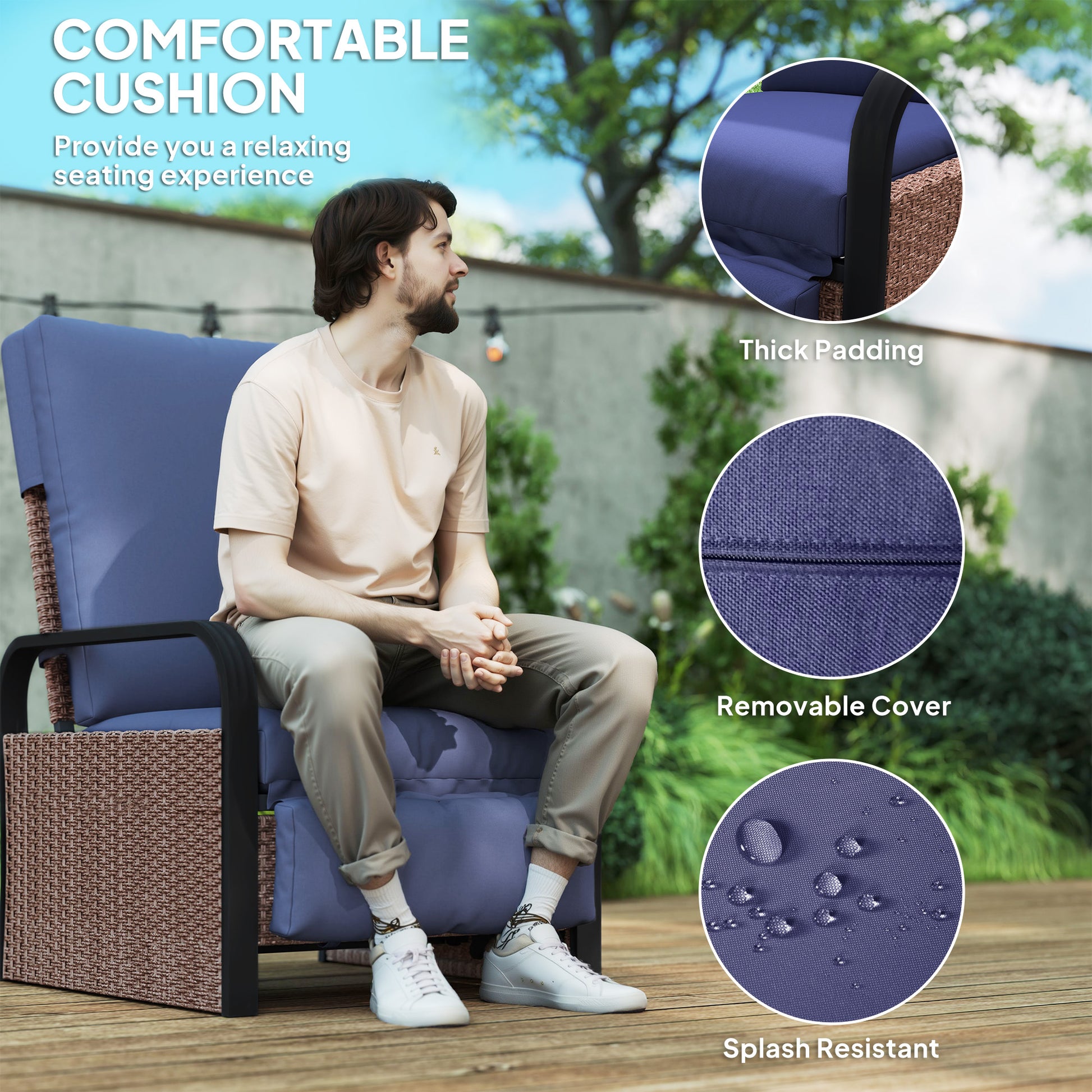 Outsunny 140° Reclining Rattan Armchair - Brown/Blue