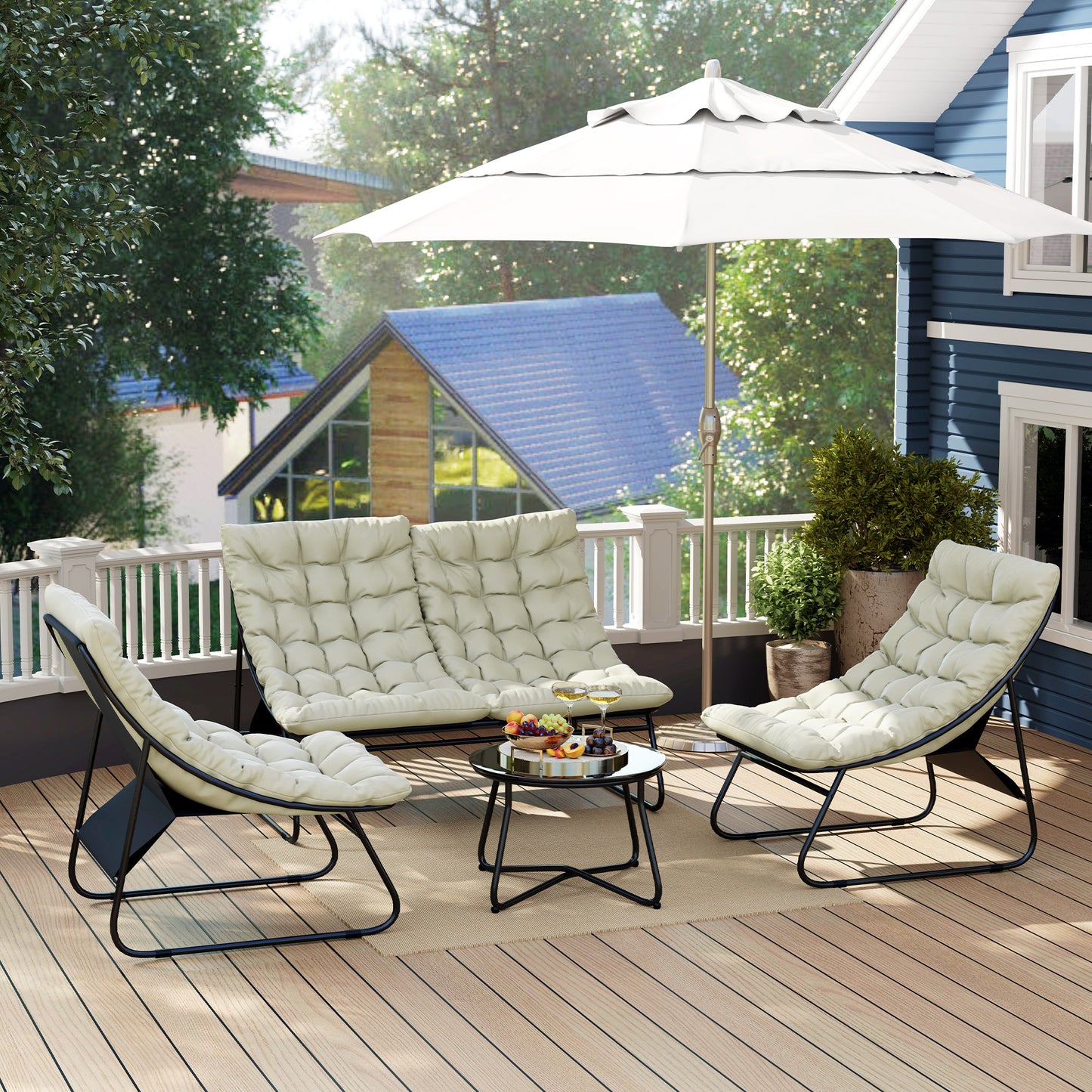 Outsunny 4 Seater Garden Furniture Set, Conversation Set with Loveseat Sofa, Chairs, Glass Coffee Table, Thick Cushions, Steel Outdoor Sofa for Balcony, Poolside, Conservatory, Light Grey