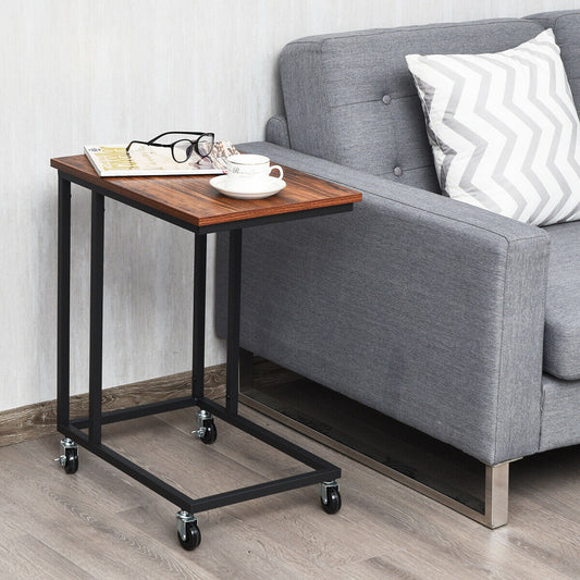 C-Shaped Side Table Coffee Laptop Holder Furniture with Wheels-Black