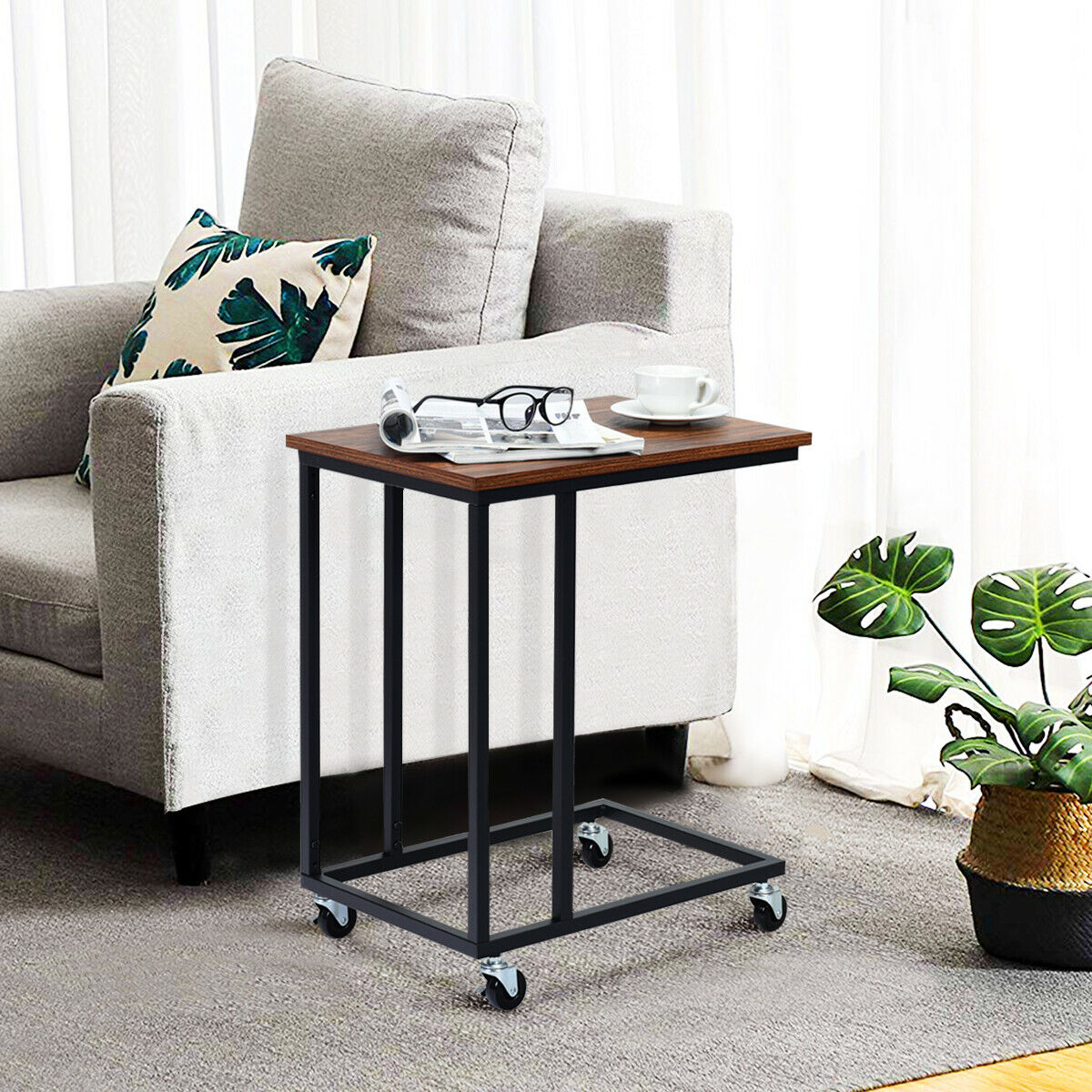 C-Shaped Side Table Coffee Laptop Holder Furniture with Wheels-Black